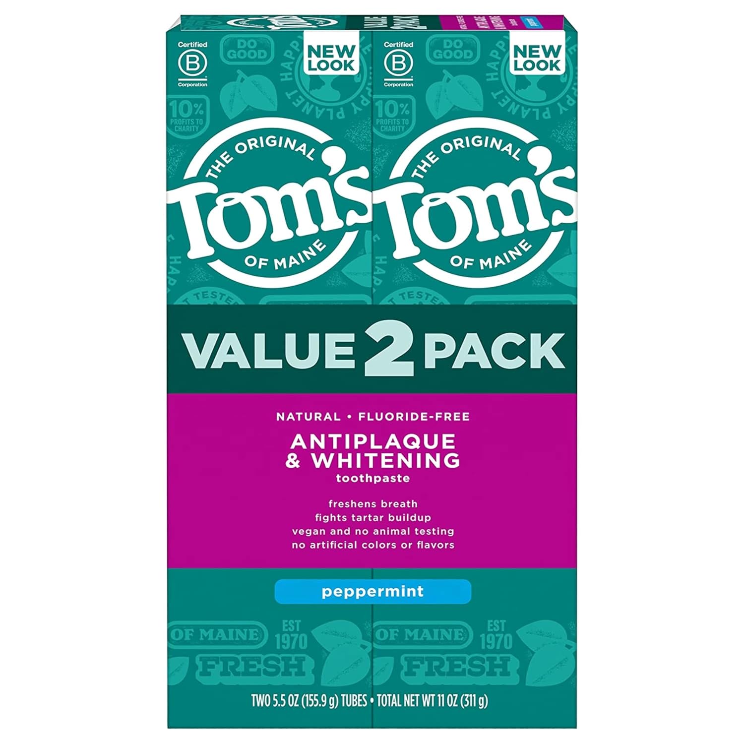 Tom’s of Maine Antiplaque and Whitening Toothpaste, Peppermint, 2Pk, 5.5 oz | Fluoride Free, Freshens Breath, Fights Tartar Buildup, Vegan, No Animal Testing, No Artificial Colors or Flavors