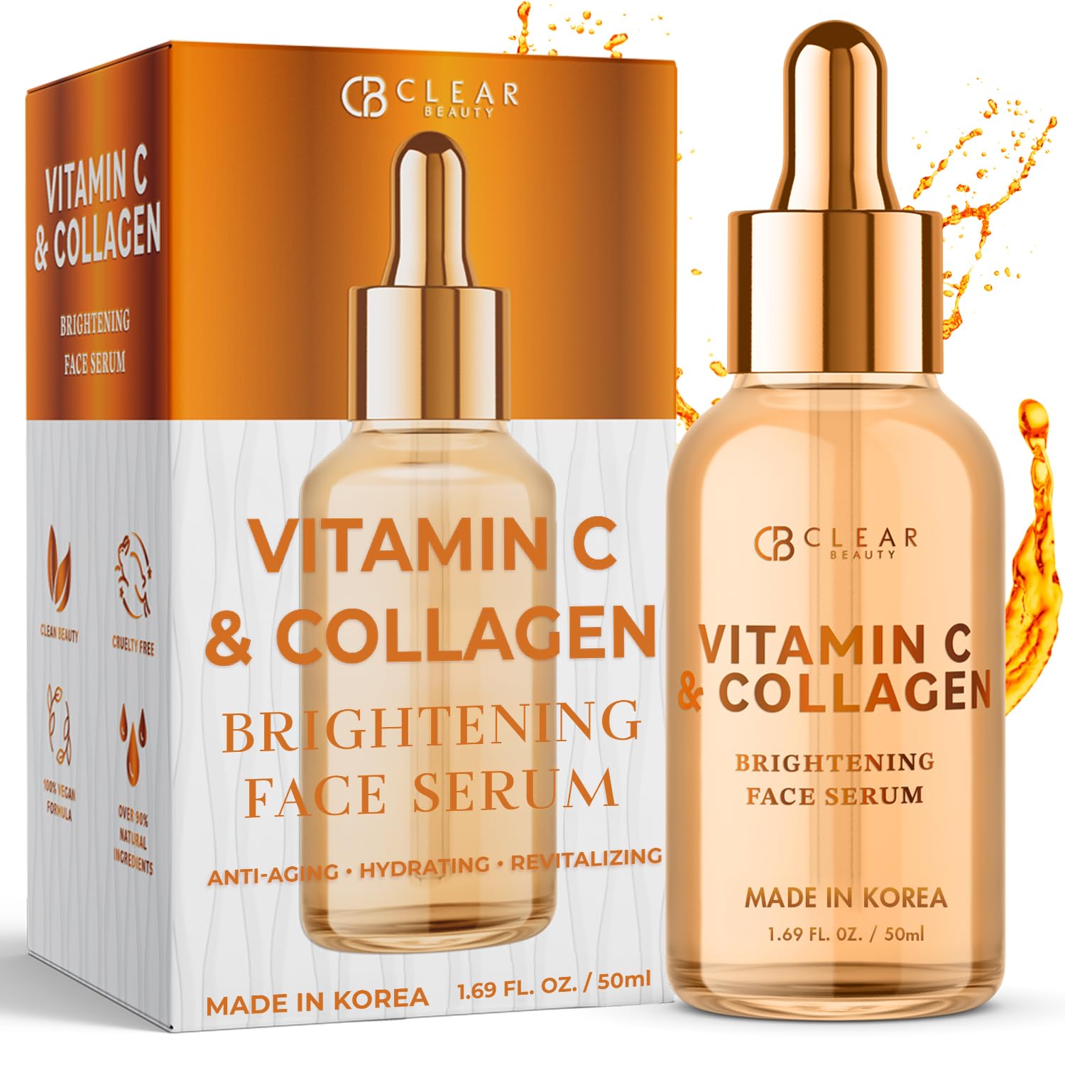 Clear Beauty Vitamin C Serum For Face with Collagen – Dermatologist Tested, Anti Aging, Korean Skin Care – Hydrates, Firms, Targets Dark Spots & Supports Skin Barrier – Vegan, Clean Beauty, 1.69 Fl Oz