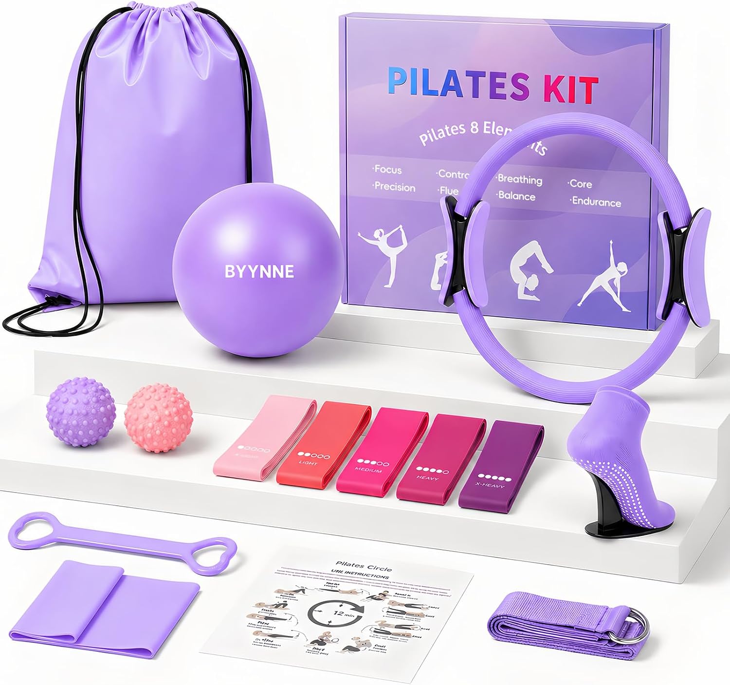 Home Pilates Kit for Women – 14 Pcs Pilates Equipment Set with Pilates Ring and Ball, 5 Resistance Bands Etc Accessories for Beginners Home Workouts – Includes Workout Guide