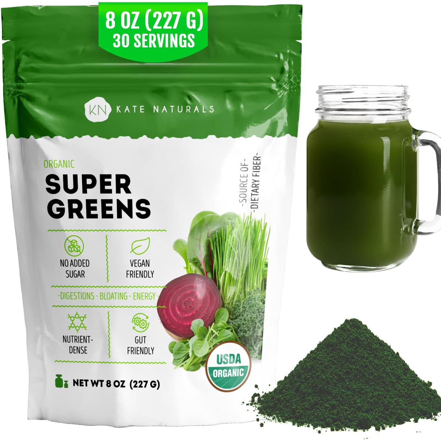 Kate Naturals Organic Super Greens Powder (30 Servings, 8oz, Natural) | Daily Greens Superfood Blend with Probiotics & Fiber for Smoothies and Juice