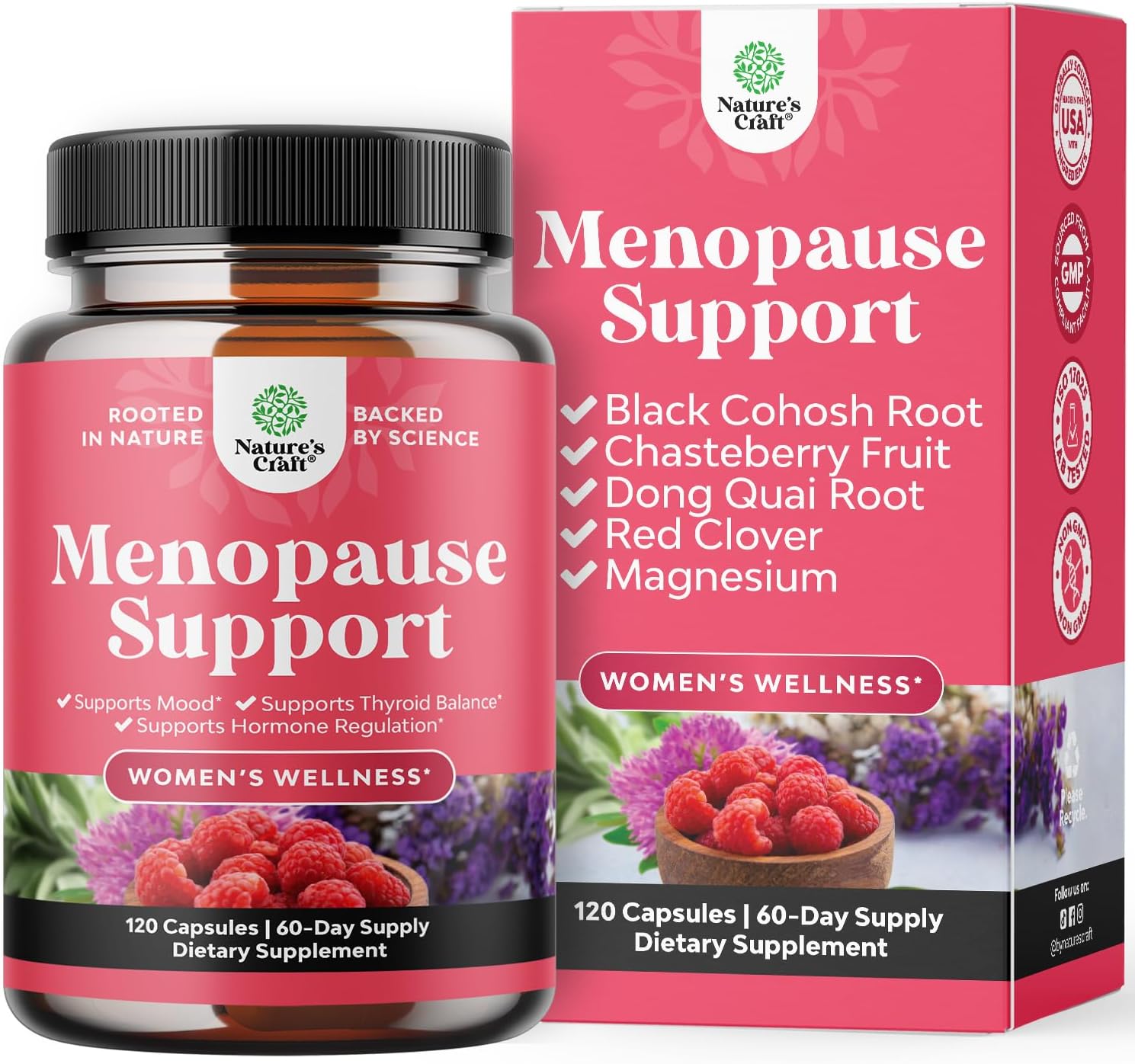 Natures Craft Complete Herbal Menopause Supplement for Women – Female Hormone Balance Capsules for Night Sweats Hot Flashes & Mood Swings with Dong Quai, Chaste Berry & Black Cohosh Root – 120 Count