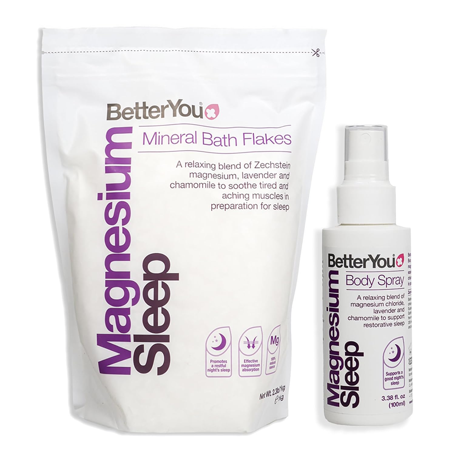 BetterYou The Wellness Collection – Magnesium Sleep for Unisex – 2 Pc 3.38oz Body Spray, 35.2oz Bath Salt