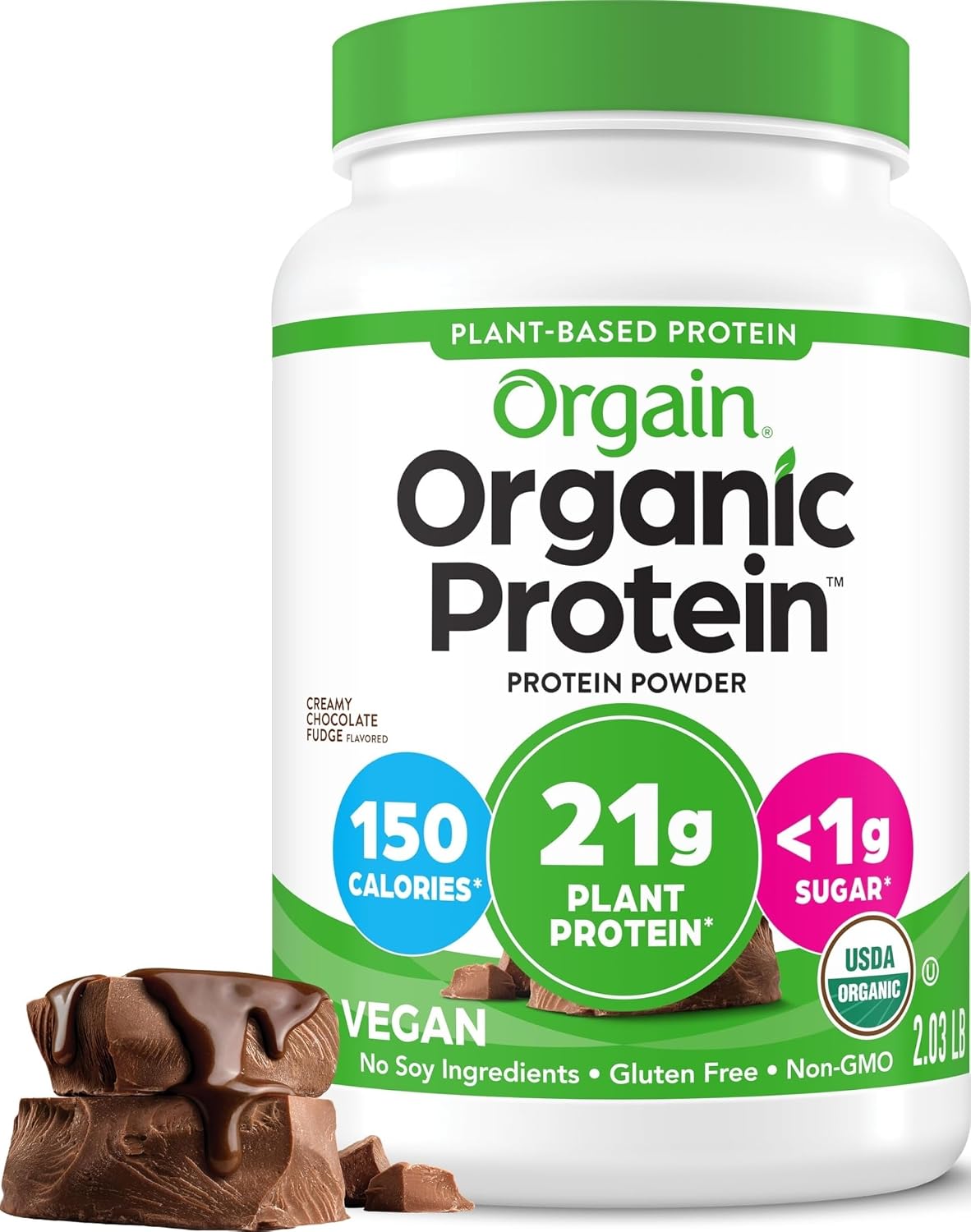 Orgain Organic Vegan 21g Protein Powder, Creamy Chocolate Fudge, 2.03 lb | Plant based protein, 7g prebiotic fiber, low net carb, no added sugar or lactose ingredients, non-GMO, for shakes & smoothies