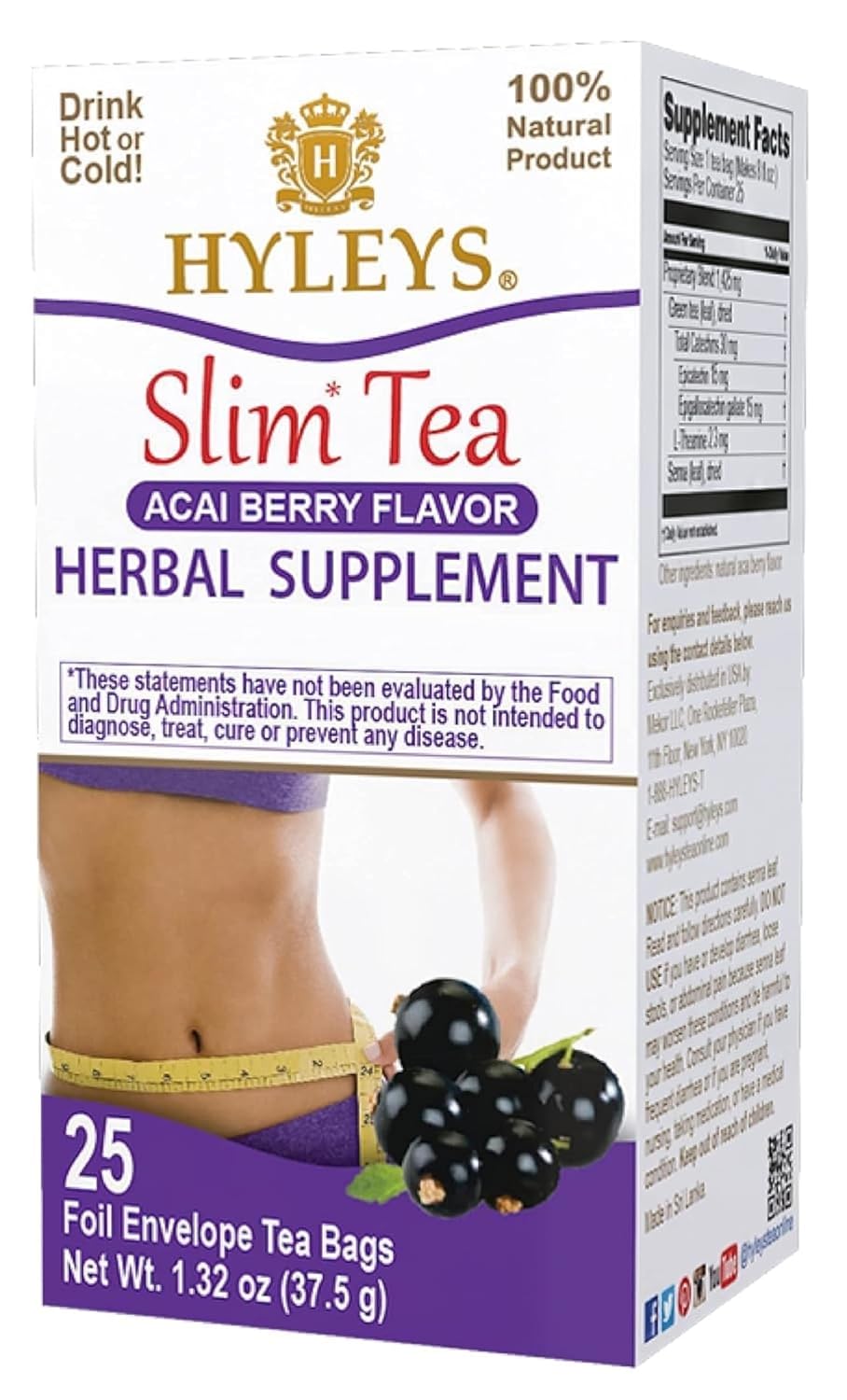 HYLEYS Slim Tea Acai Berry, Weight Loss Detox, Slimming Diet Tea, 25 Bags
