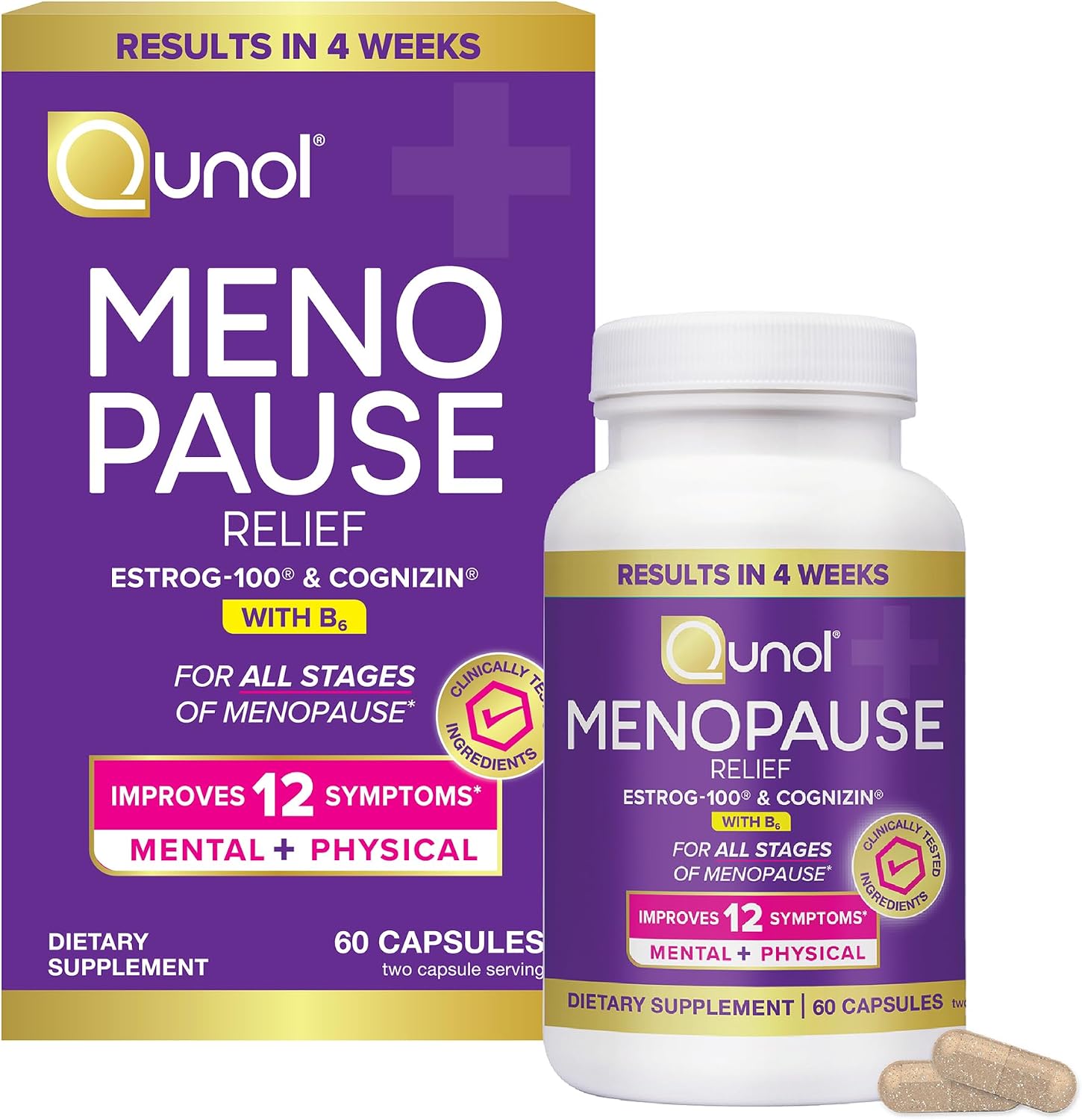 Qunol Menopause Relief +B6 Capsules, Peri to Post, Results in 4 Weeks, 60ct | Hormone Free Support for Fatigue, Brain Fog, Hot Flashes, Night Sweats, Mood Swings, Sleep Disturbances & Joint Discomfort