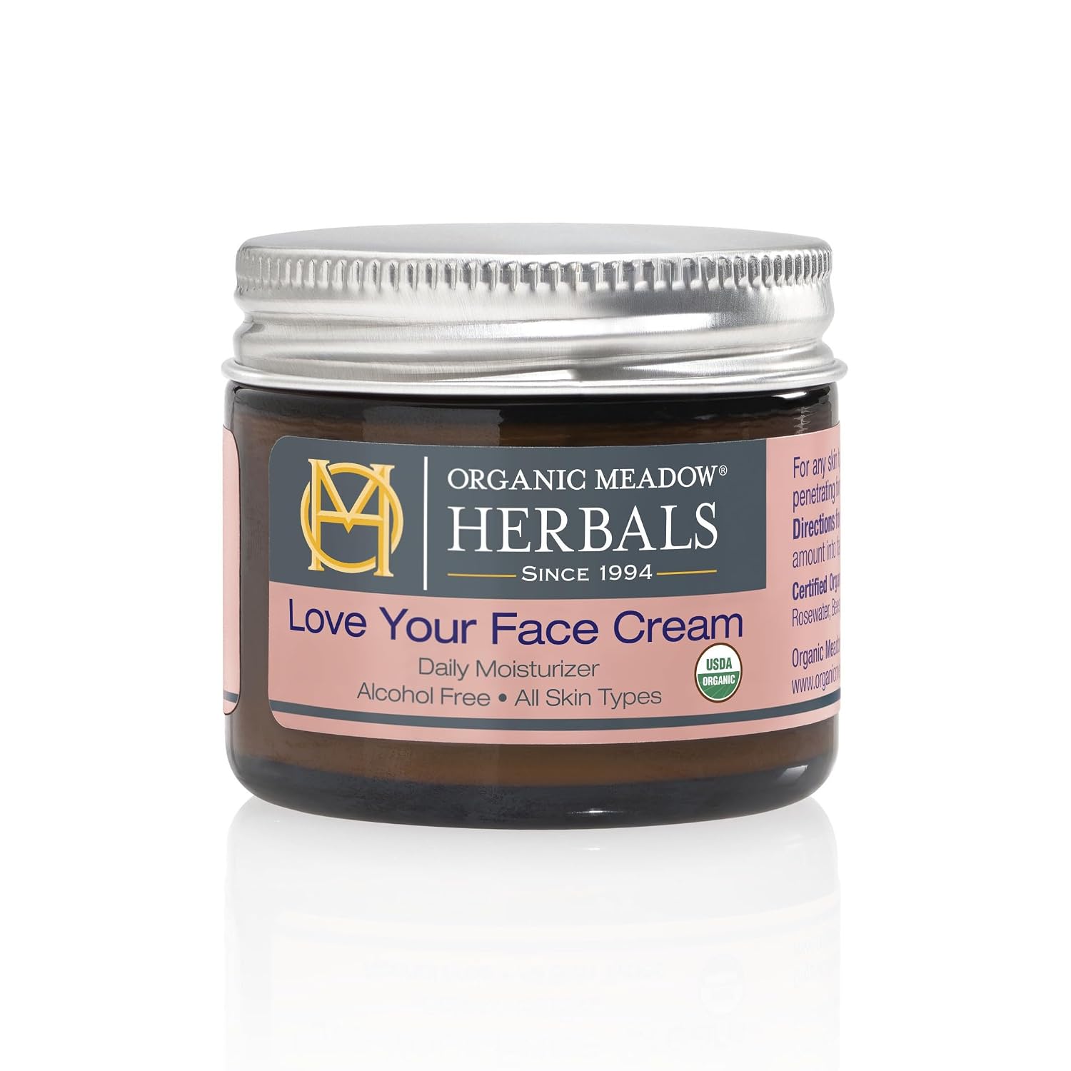 Organic Meadow Herbals Love Your Face Cream 2oz. USDA Certified Organic. Rich Facial Moisturizer for all skin types. Woman-owned & Operated Since 1994