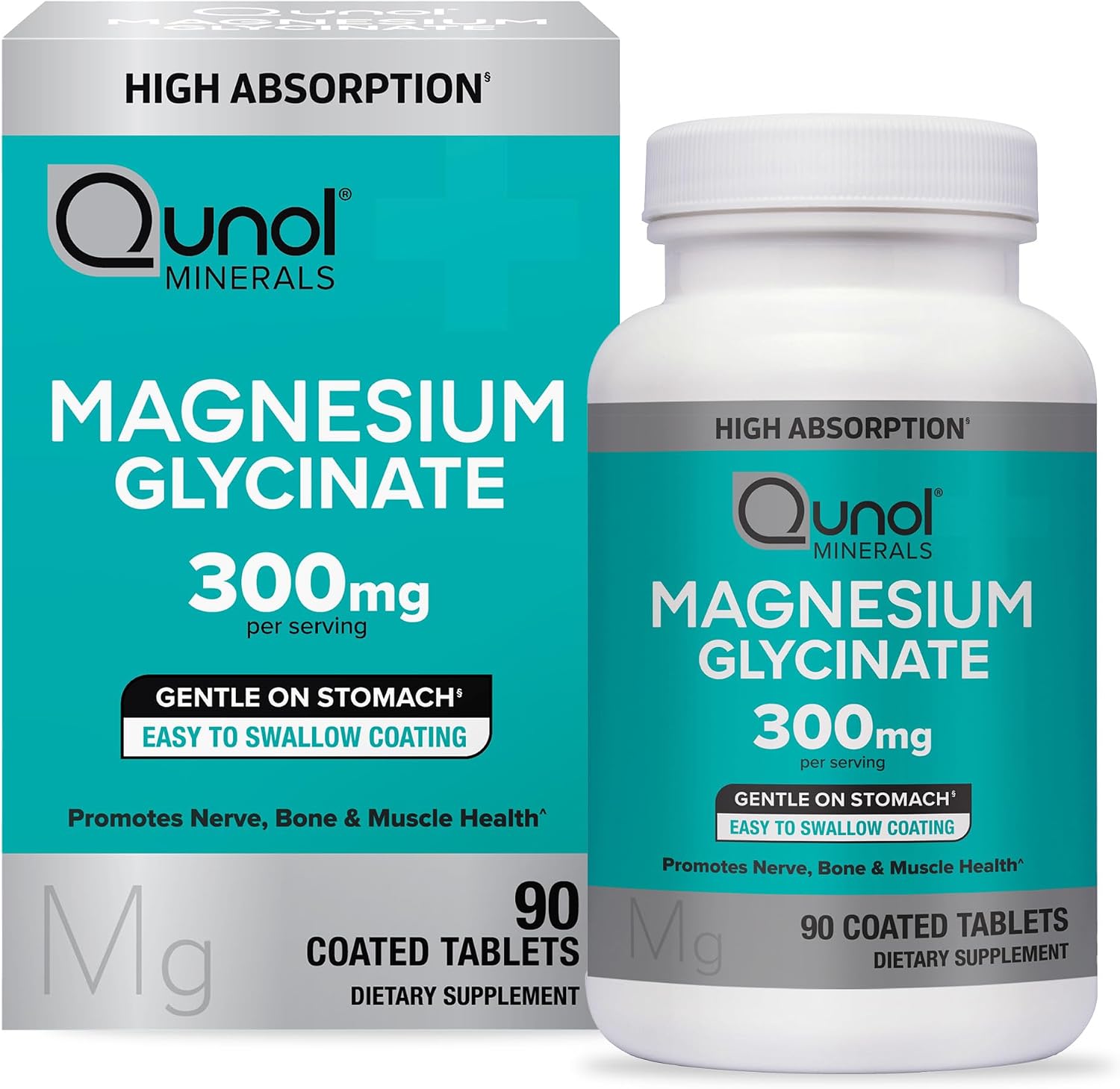Qunol Magnesium Glycinate Tablets 300mg, 100% Chelated, Gluten-Free, 90ct