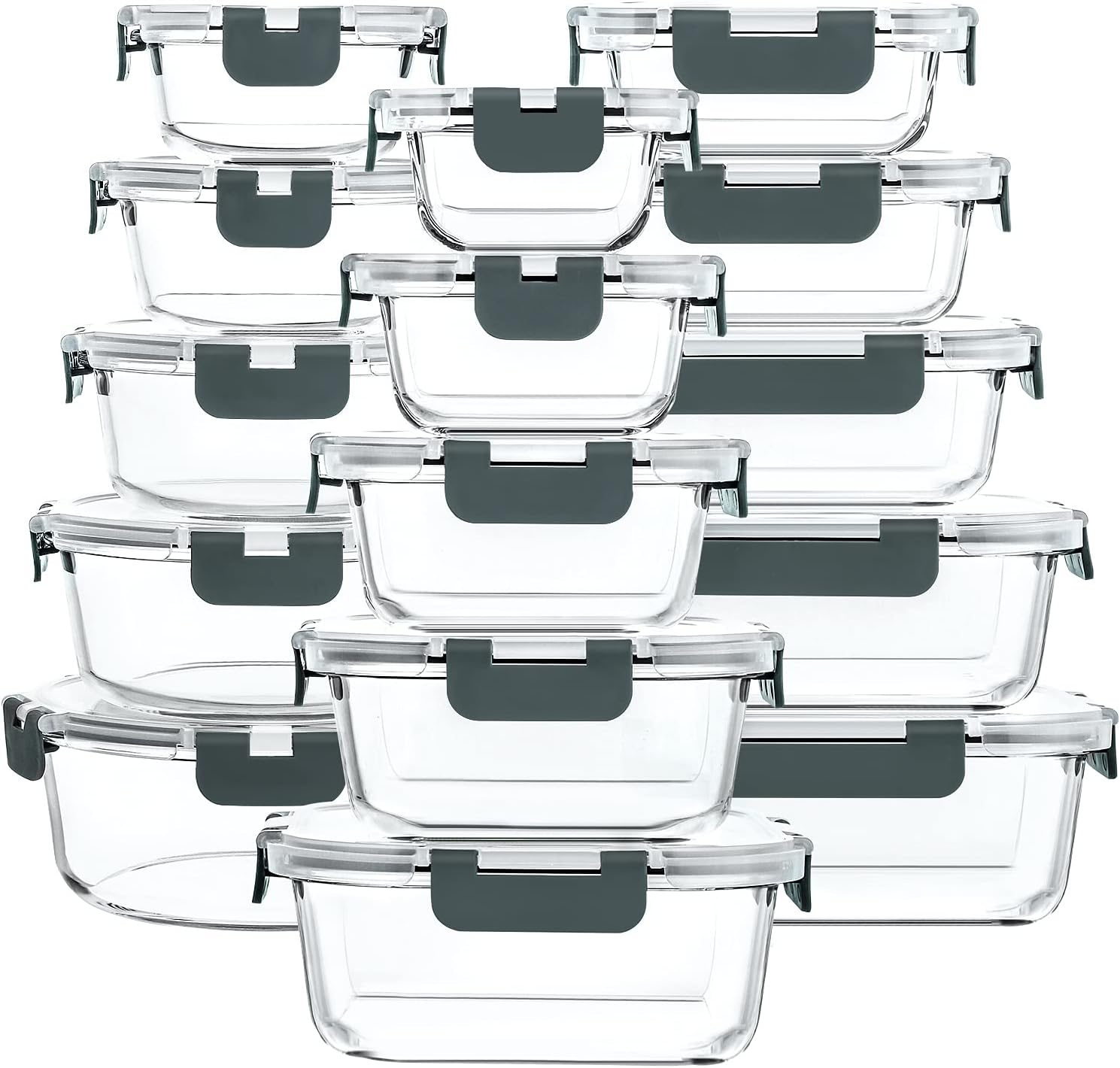 M MCIRCO 30 Piece Extra Large Glass Food Storage Containers with Lids,Gray | Glass Meal Prep Containers,Airtight LunchContainers with Lids, Microwave, Oven,Freezer and Dishwasher Friendly, BPA Free