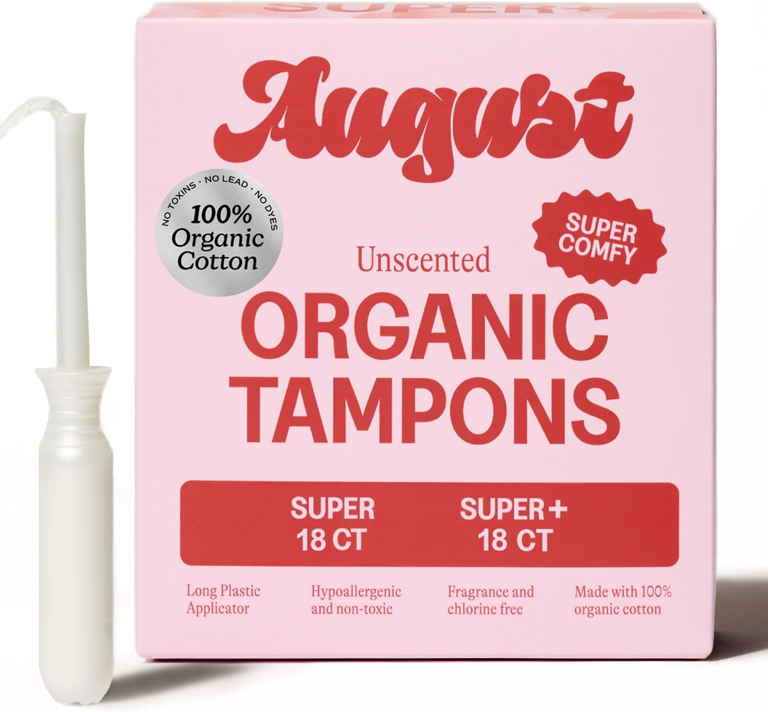 August Organic Tampons, 36-Pack Super & Super+ Non-Toxic Tampons for Women | 100% organic cotton tampons with comfortable easy-glide long applicators. Fragrance free, hypoallergenic tampons for women.