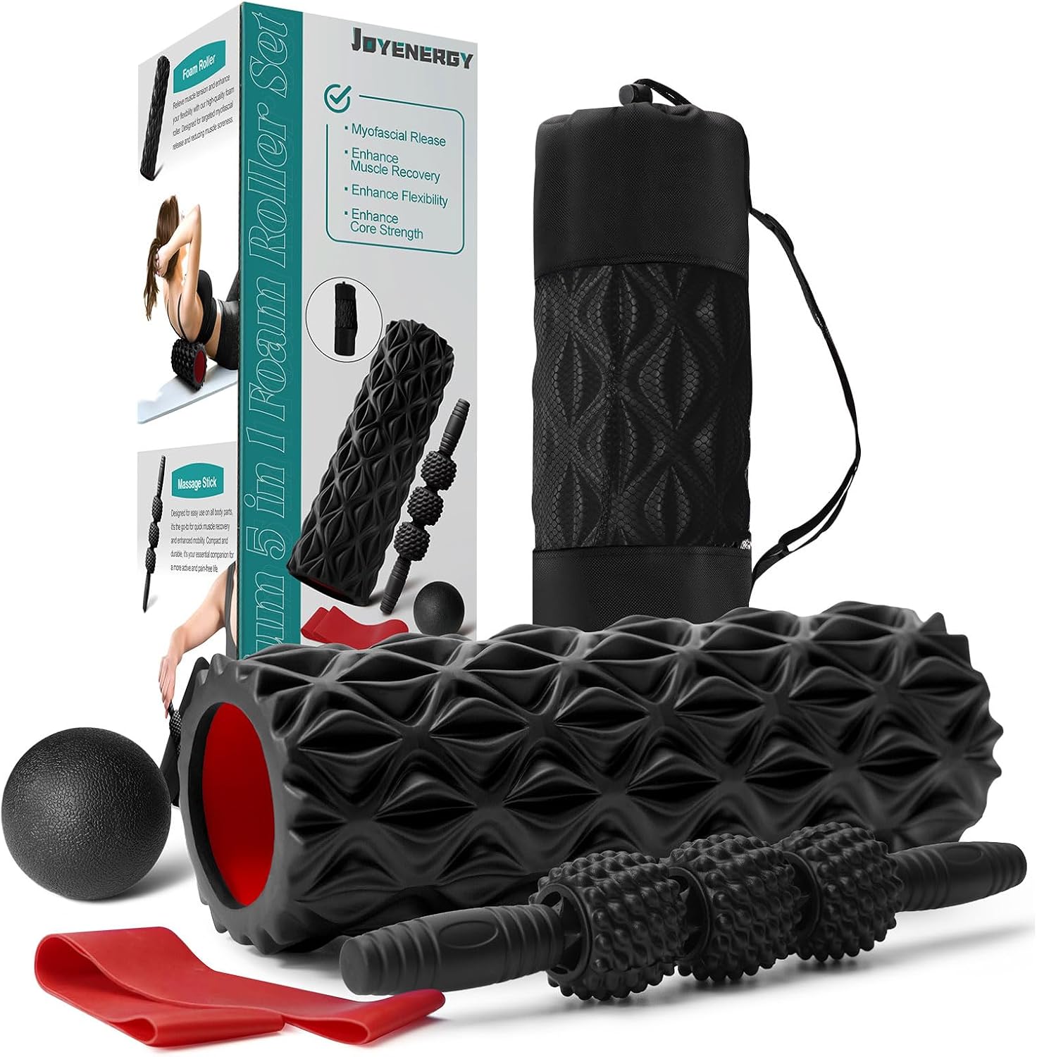 5 in 1 Foam Roller Set High Density Patented Foam Roller for Exercise | Foam Roller Massage Stick, Massage Ball, Resistance Band for Deep Muscle Massage Yoga Trigger Point Release Black Diamond