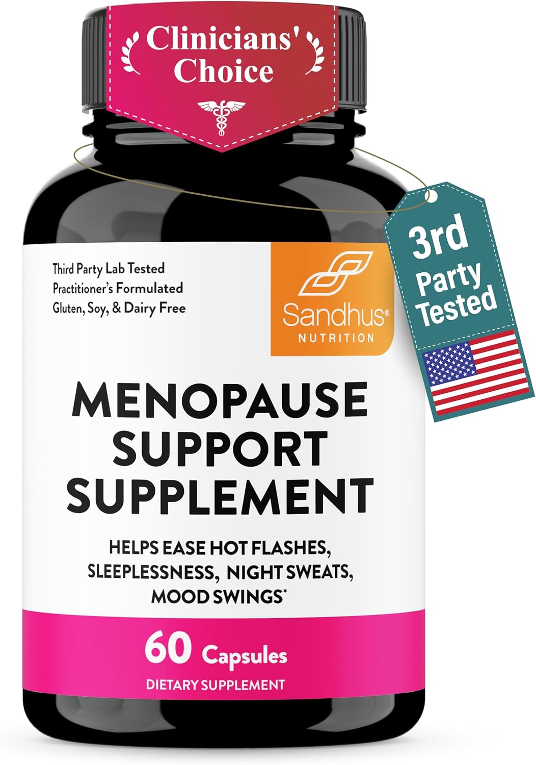 Menopause Support Supplements for Women, Black Cohosh Ashwagandha 60 Count | Vitamins D3, B6, B12, Magnesium, Dong Quai, Chaste Tree Berry, Gluten-Free Capsules, Made In USA Supplement By Sandhu’s