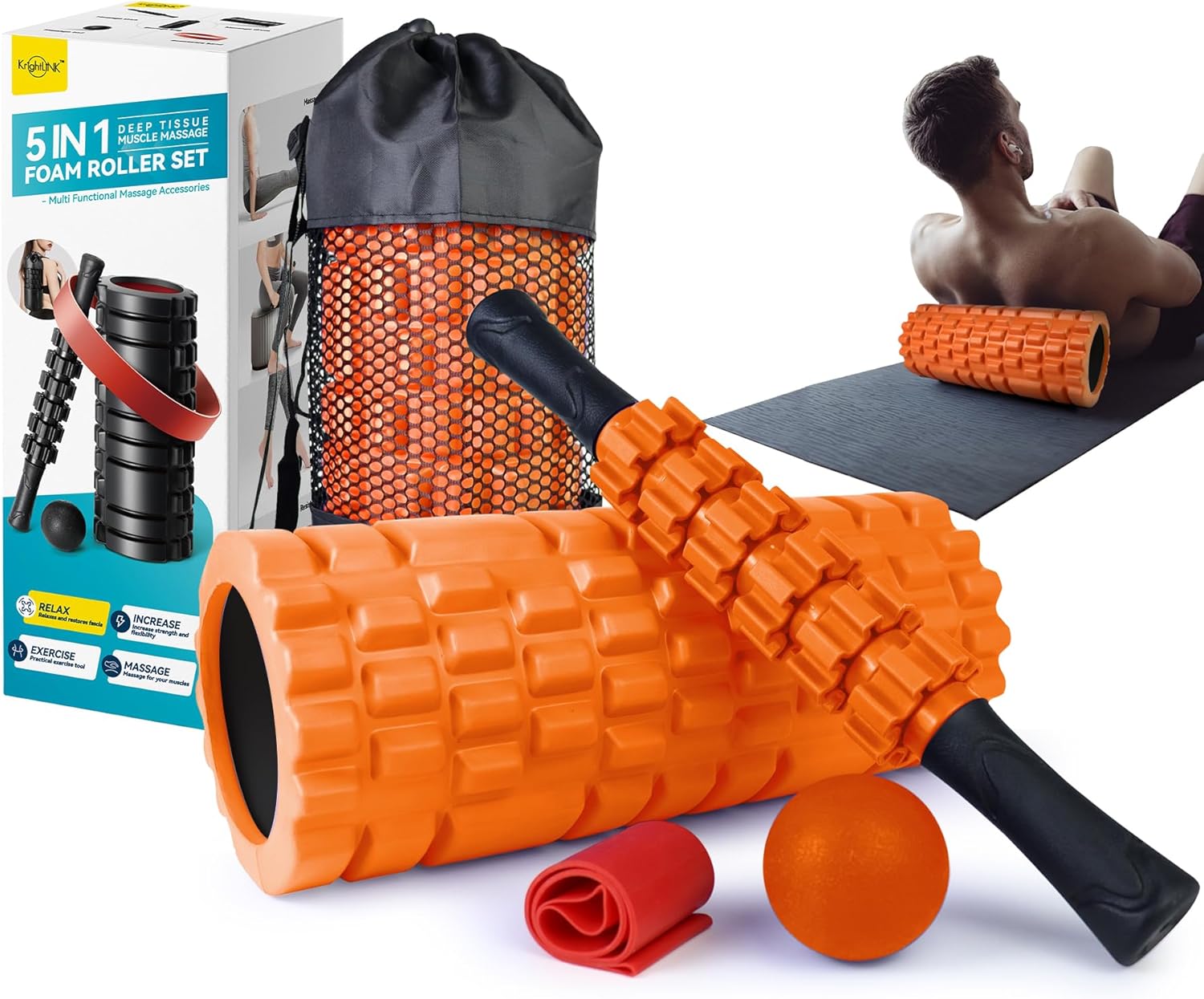 Krightlink 5 in 1 Foam Roller Set Trigger Point Exercise Foam Roller | Deep Tissue Muscle Massage Fitness Foam Roller, Massage Roller, Massage Ball, Stretching Strap, for Whole Body Orange