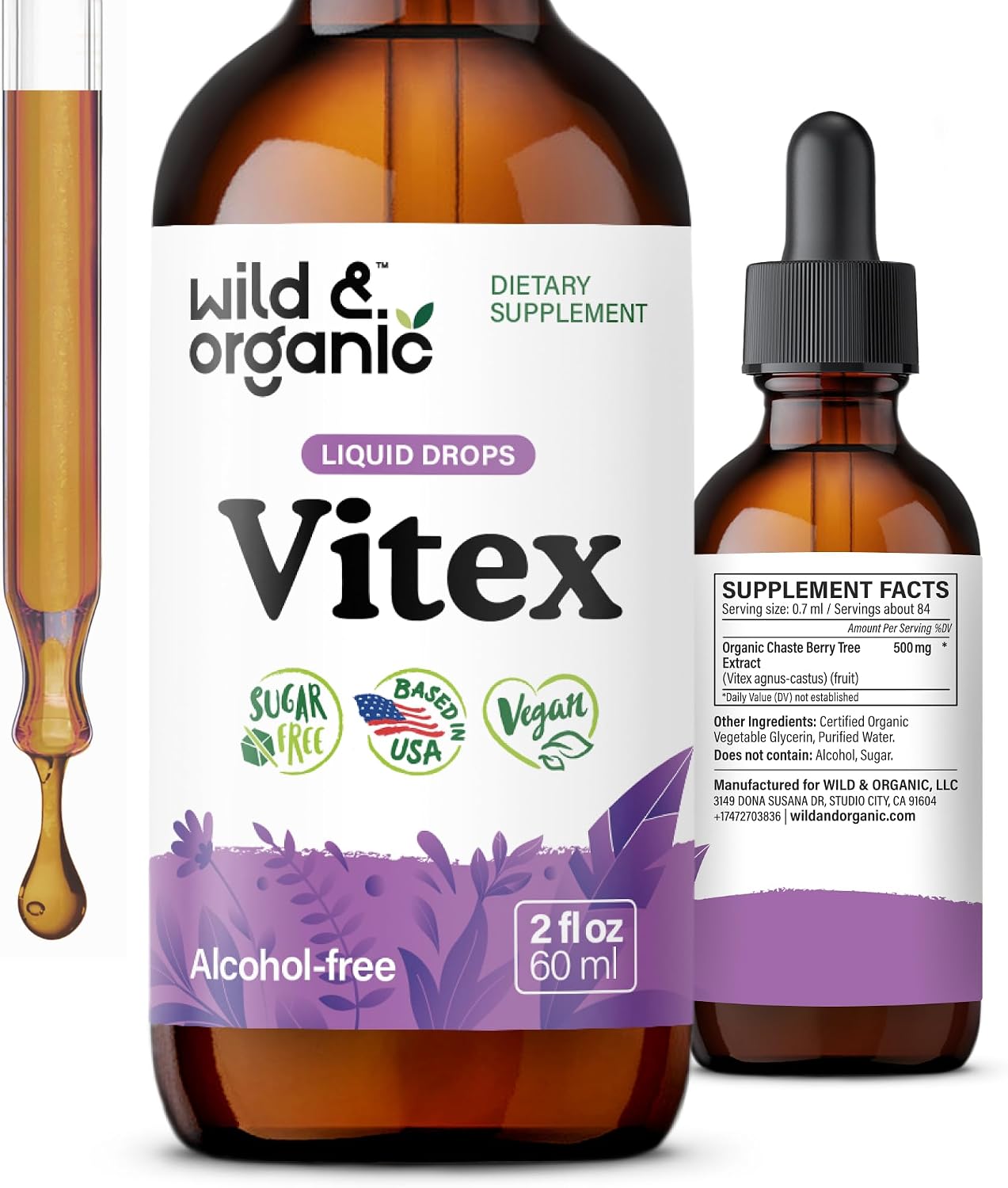 Wild & Organic Vitex Tincture for Perimenopause & Mood Support – 2 fl oz | Women’s Support – Vitex Chasteberry Supplement – Liquid Chaste Tree Supplement – No Sugar & Alcohol-Free Berry Extract Drops