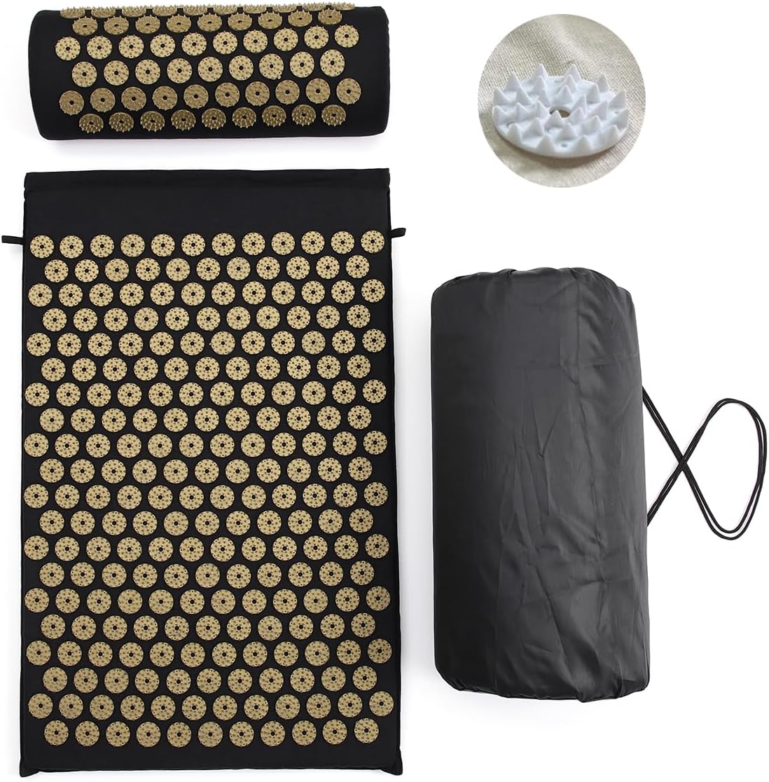 Acupressure Mat and Pillow Set for Back/Neck Pain Relief and Muscle Relaxation (Black/Gold)