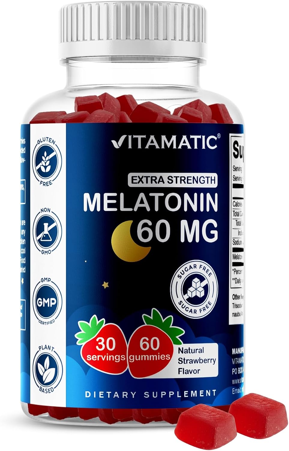 Vitamatic Sugar Free Melatonin 60 mg Per Serving – 60 Gummies, Gluten Free | Natural Strawberry Flavor, Sleep Support Health*, Non-Habit Forming High Potency Formula, Pectin-Based