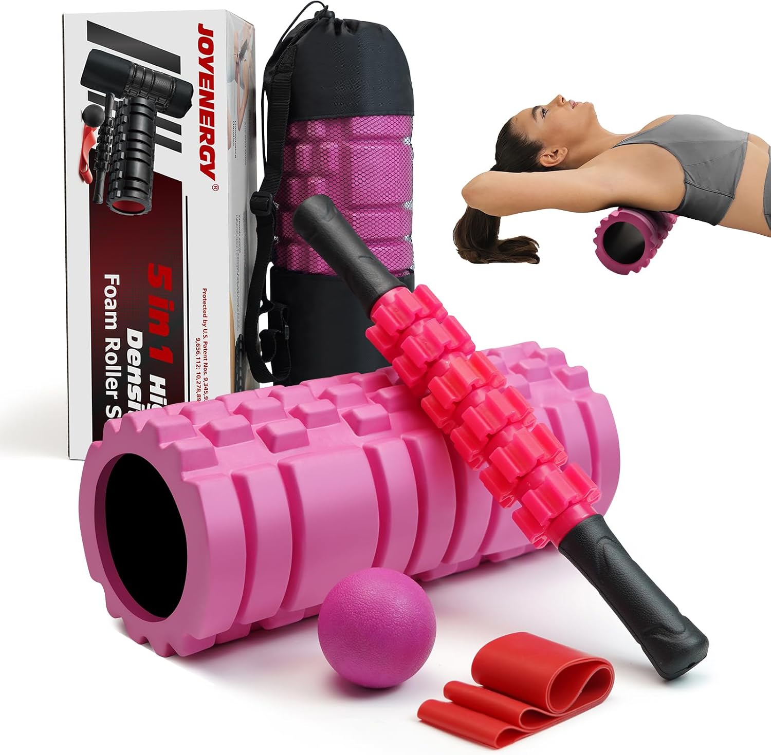 5 in 1 Foam Roller Set High Density Patented Foam Roller for Exercise | Foam Roller Massage Stick, Massage Ball, Resistance Band for Deep Muscle Massage Pilates Yoga Trigger Point Release Pink