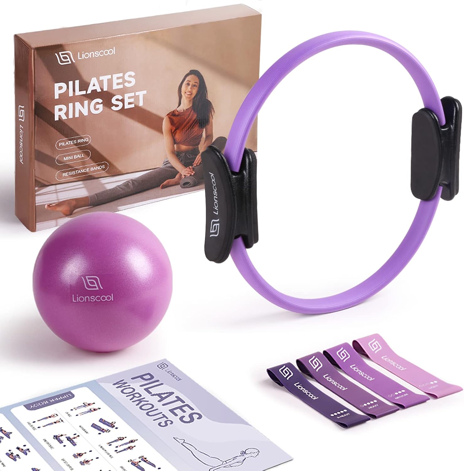 LIONSCOOL Pilates Ring Set 14″ Magic Circle, 9″ Mini Ball, Resistance Bands