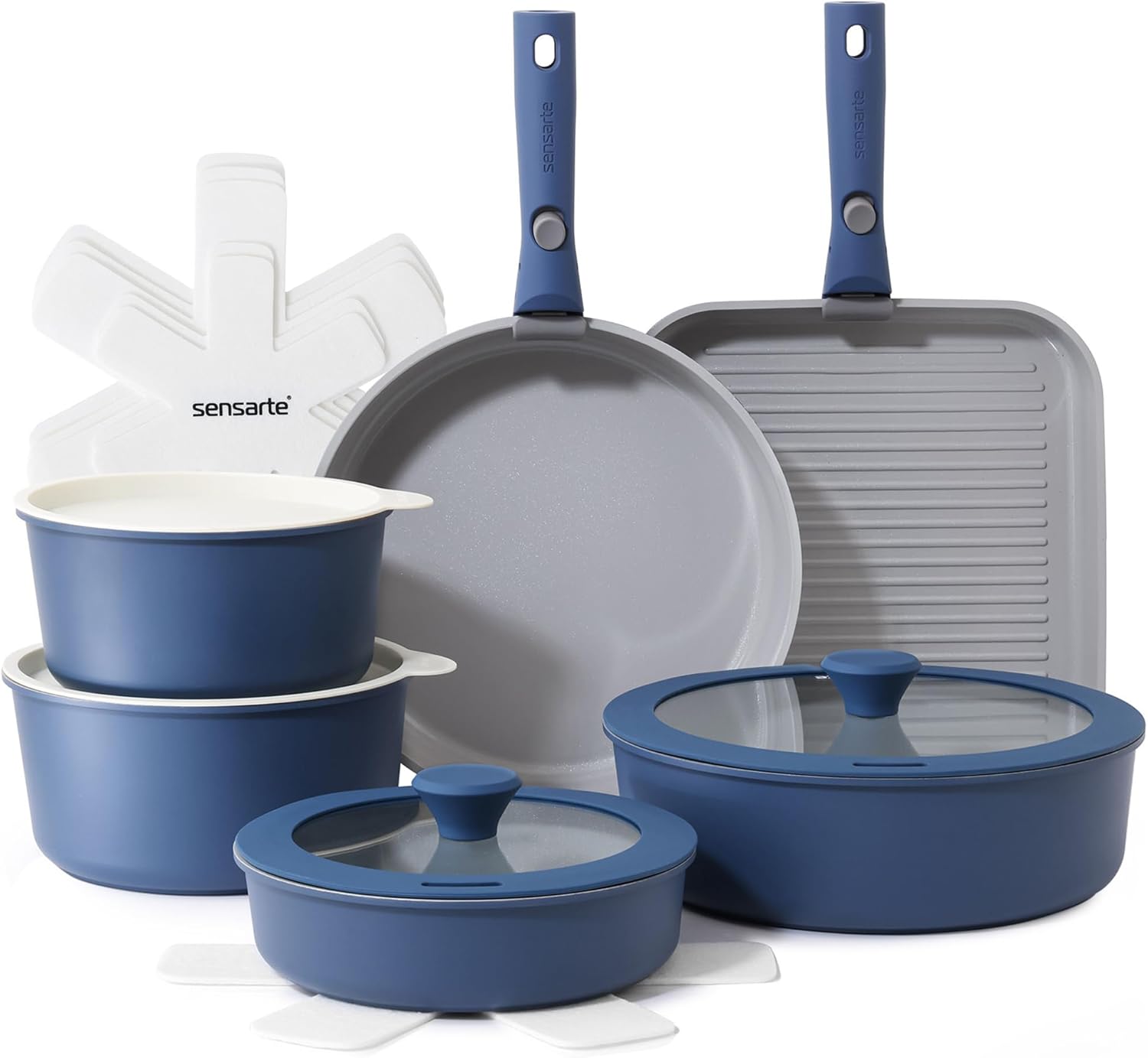 SENSARTE 17 Piece Ceramic Detachable Handle Pots and Pans Set Navy