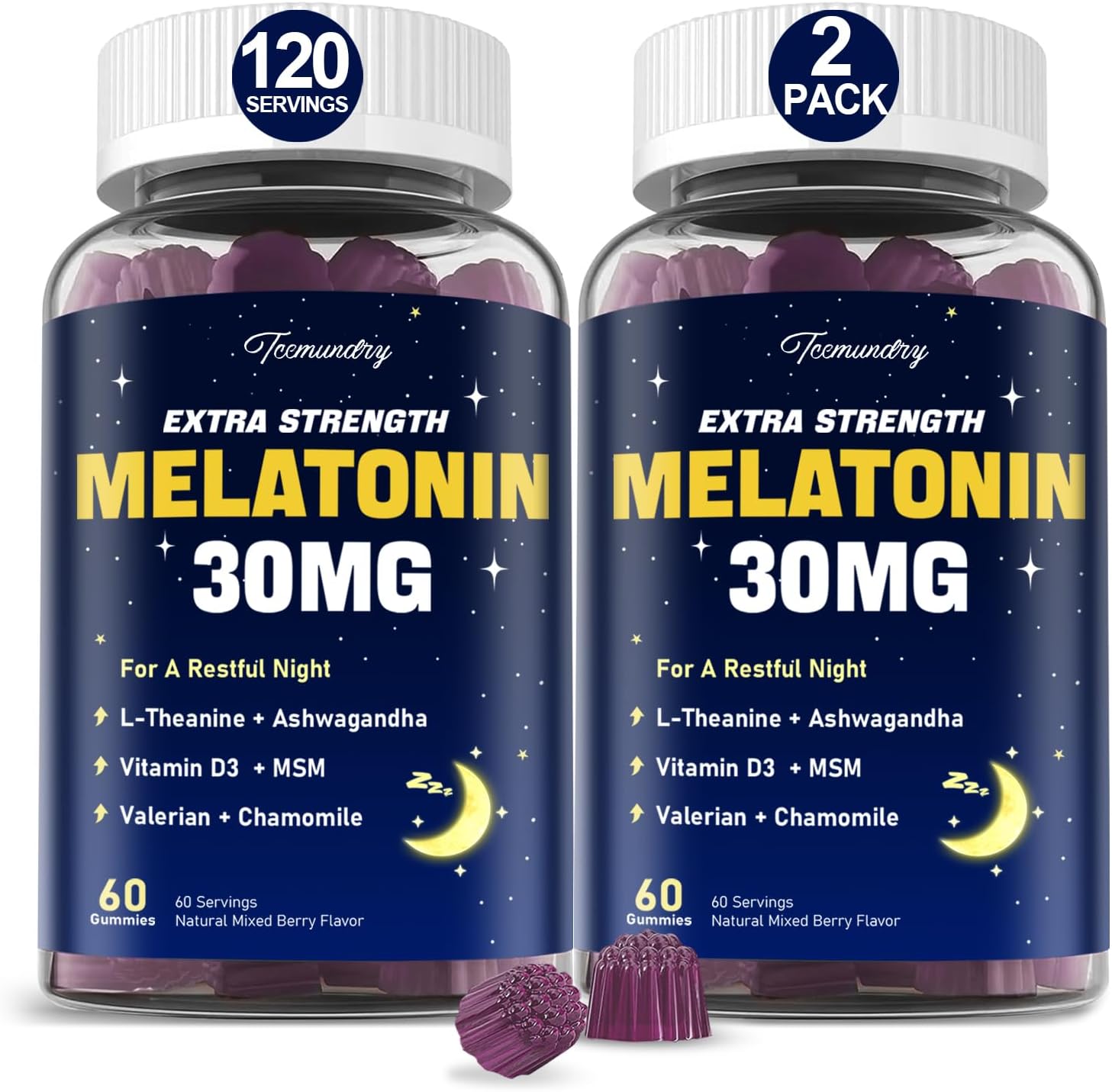 Melatonin Gummies 30mg for Adults: Maximum Strength Melatonin Supplement | with L-Theanine, Ashwagandha, MSM, Vitamin D3 & Zinc – Non-Habit Forming, Natural Mixed Berry Flavor 120 Count
