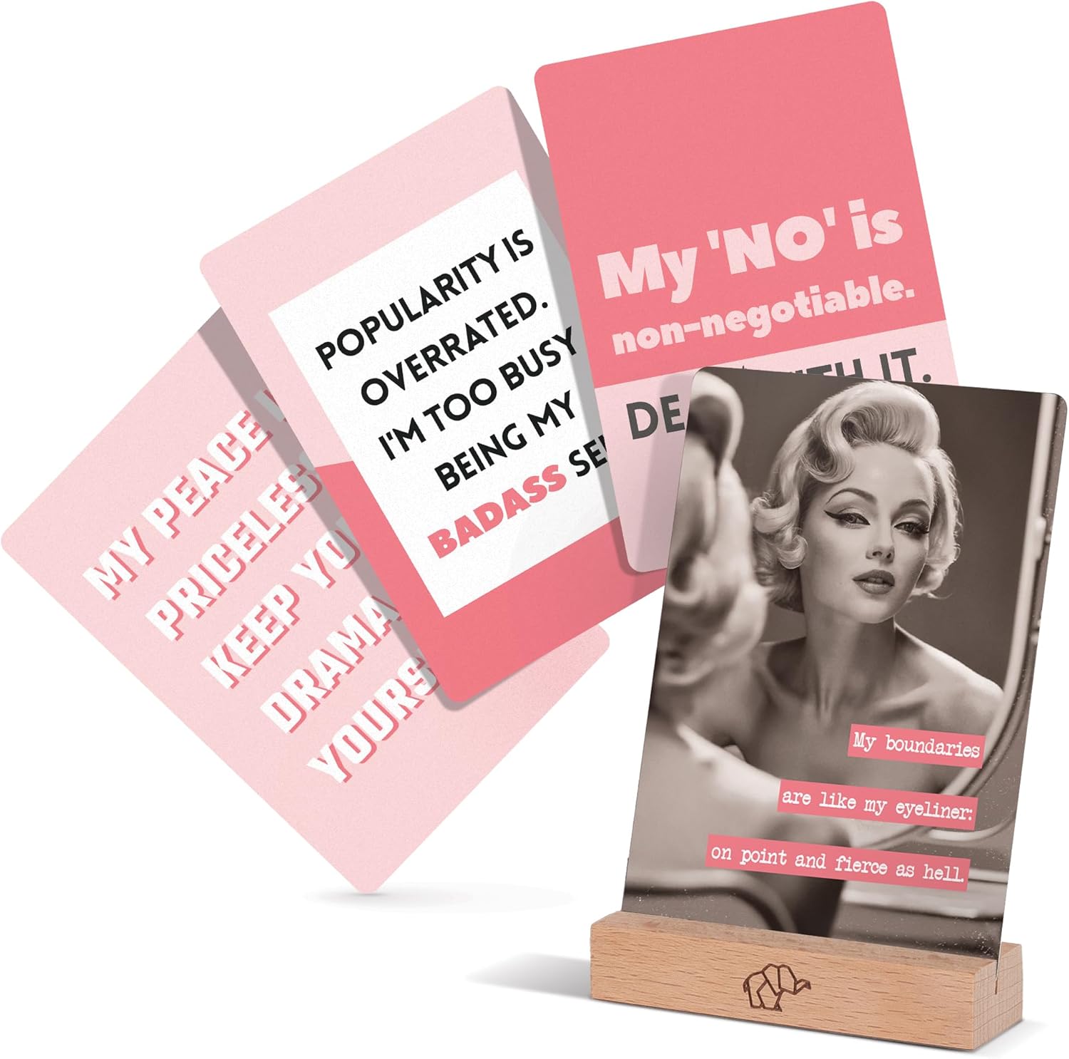Badass Affirmation Card for Women – 50 Funny, Sweary Affirmation Cards in Tin Box with Wooden Stand – Motivational & Inspirational Gifts – Unique Birthday Gifts for Women, Best Friend, Sister