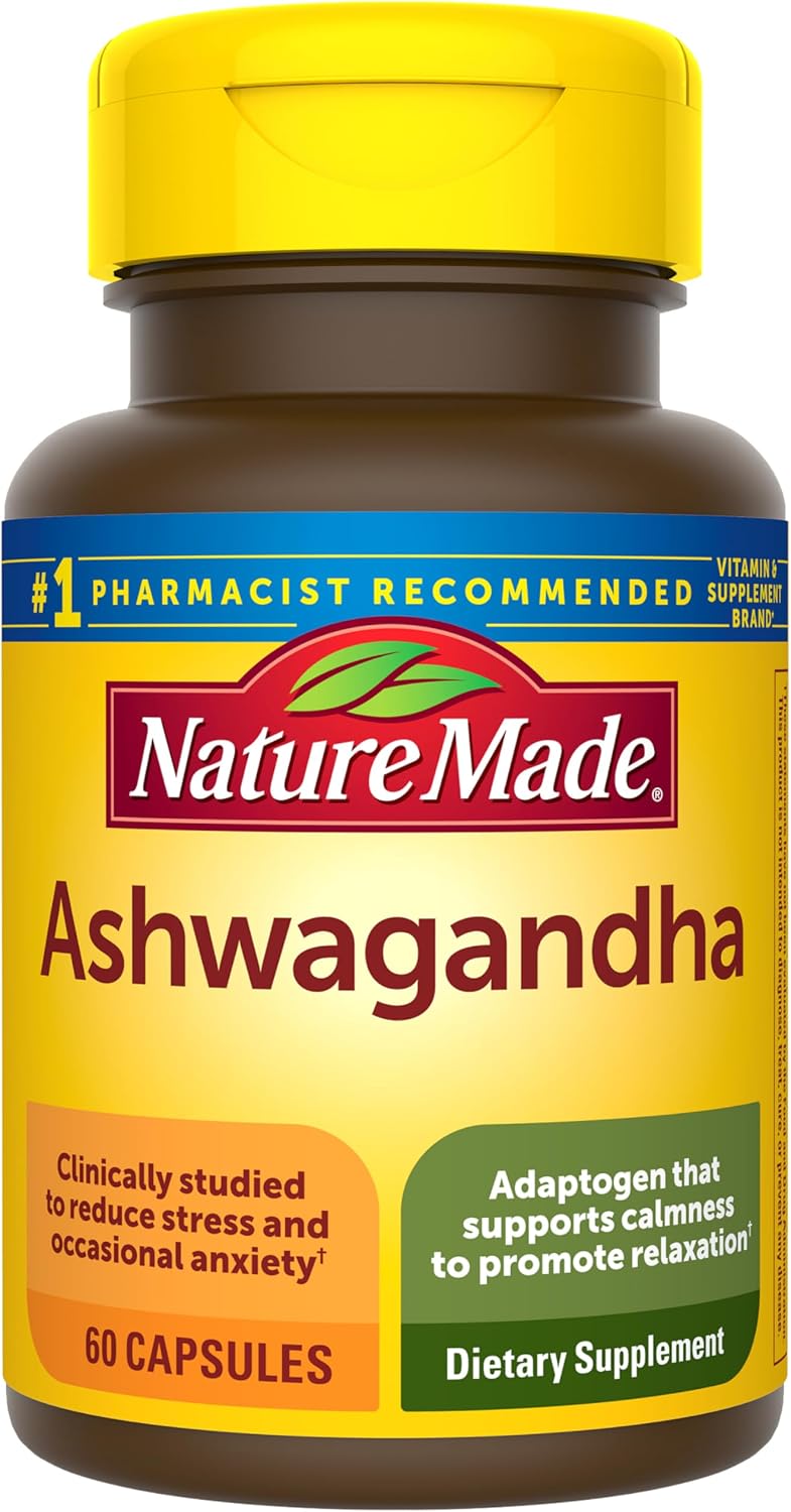 Nature Made Ashwagandha Capsules 125mg for Stress Support, 60 Capsules | Ashwagandha Supplements with Clinically Studied Sensoril Ashwagandha, Herbal Supplement for Men and Women, 60 Day Supply
