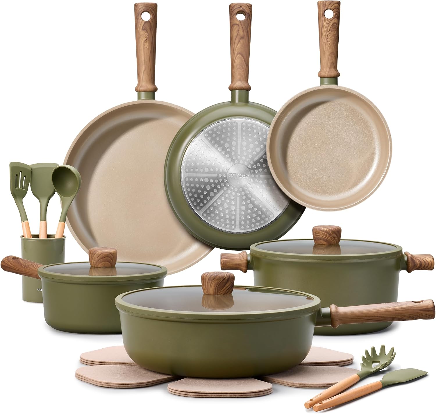 CAROTE 21pcs Ceramic Cookware Set, Pots and Pans Set, Green