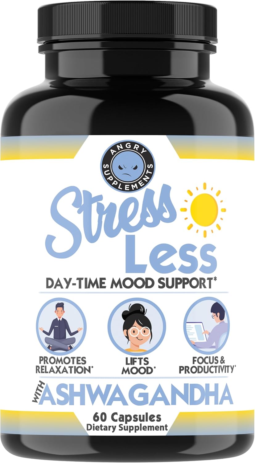 Angry Supplements Stress Less Day-Time Mood Support Pills – Natural Stress Relief with Ashwagandha, Rhodiola, L-Theanine, Magnesium & B Vitamins– Calm Focus & Mental Clarity – 60 Capsules (1-Bottle)