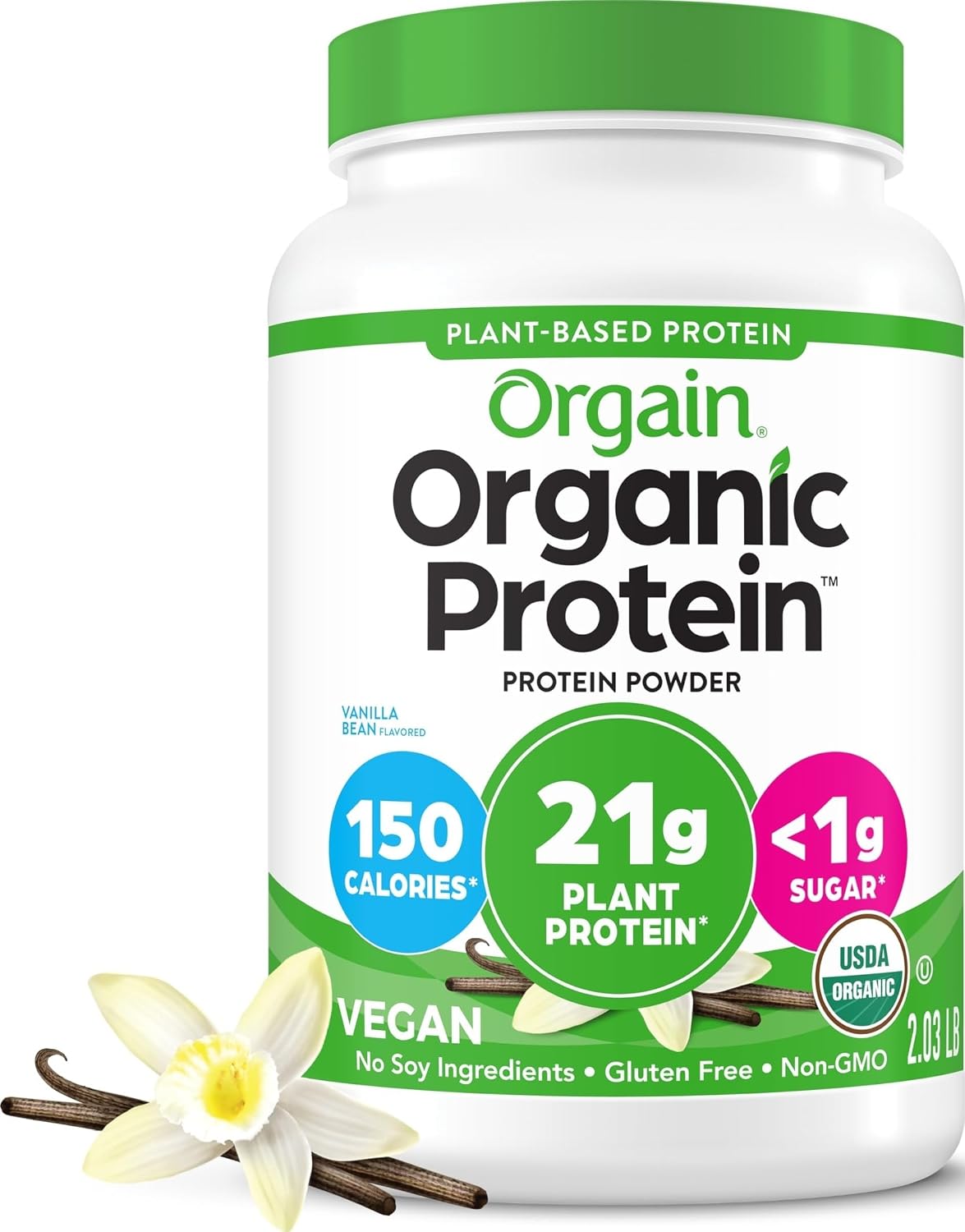Orgain Organic Vegan 21g Protein Powder, Vanilla Bean, 2.03 lb | Plant based protein, 4g prebiotic fiber, no added sugar or lactose, non-GMO, for shakes & smoothies