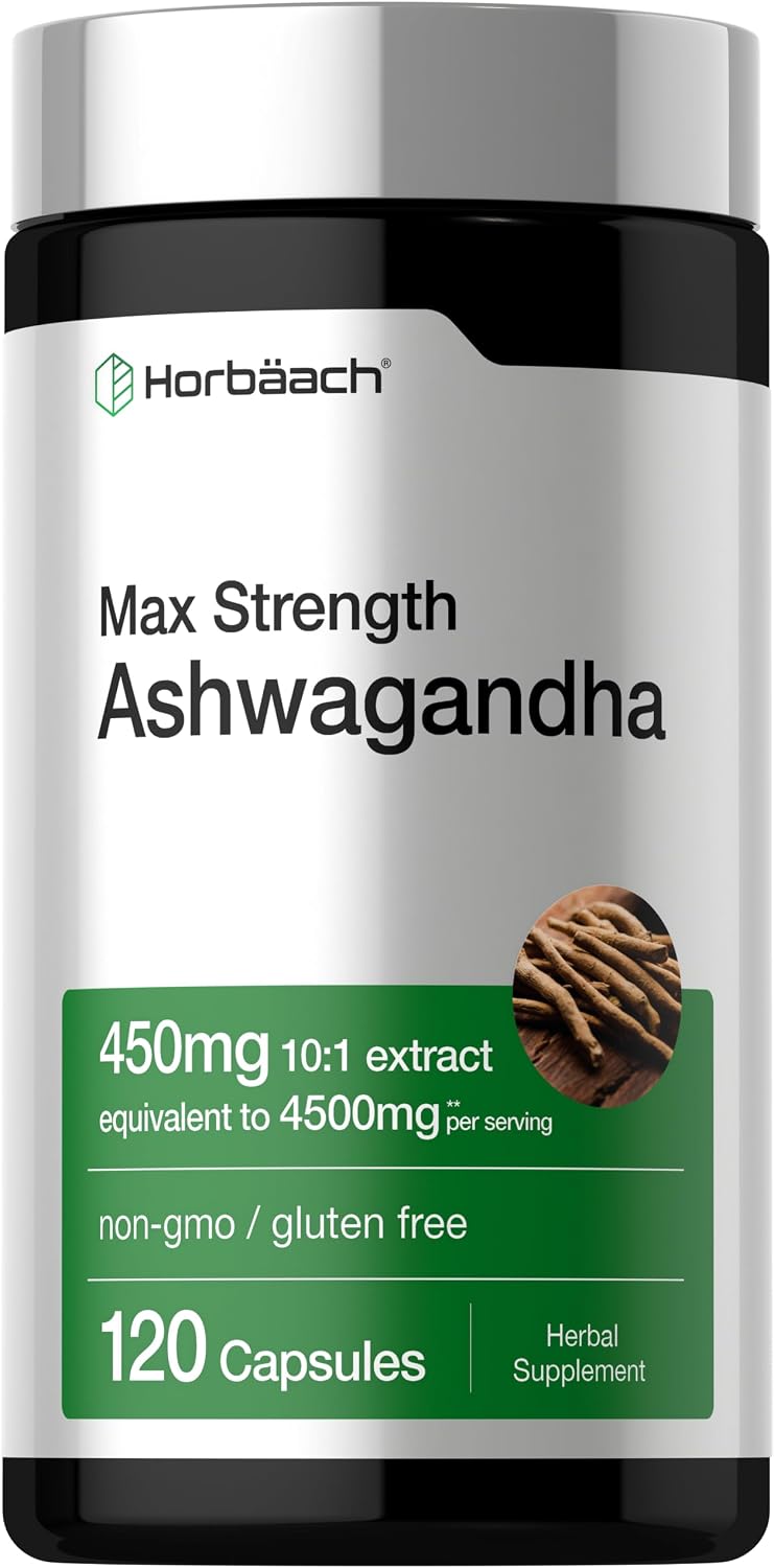 Horbäach Ashwagandha Supplement | Max Strength | 120 Capsules | Non-GMO, Gluten Free
