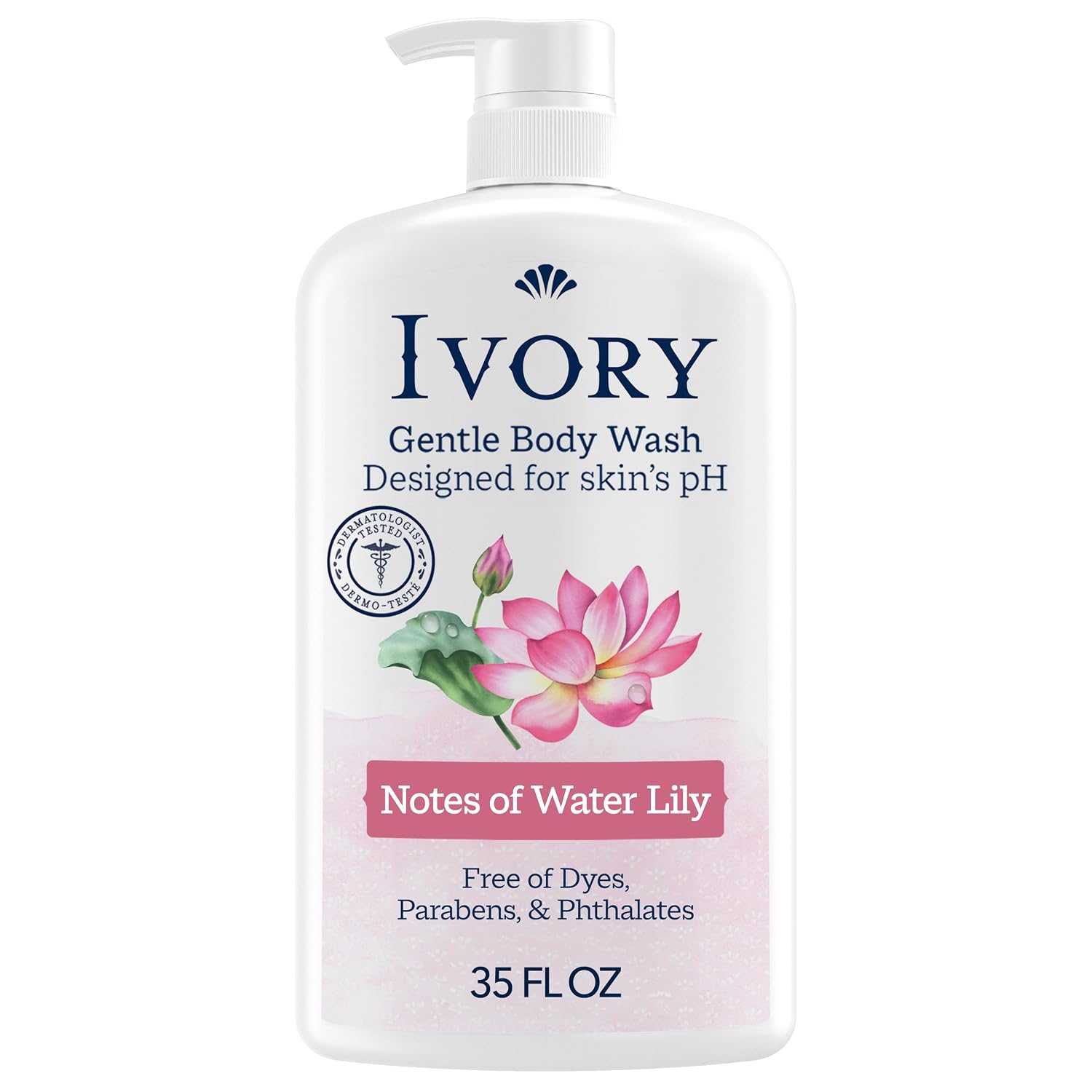 Ivory Body Wash, Designed for the Whole Family, Gentle Formula, Free of Dyes Heavy Perfumes Parabens Phthalates & Silicones, Designed for Skin’s pH, Water Lily Scent, 35 oz