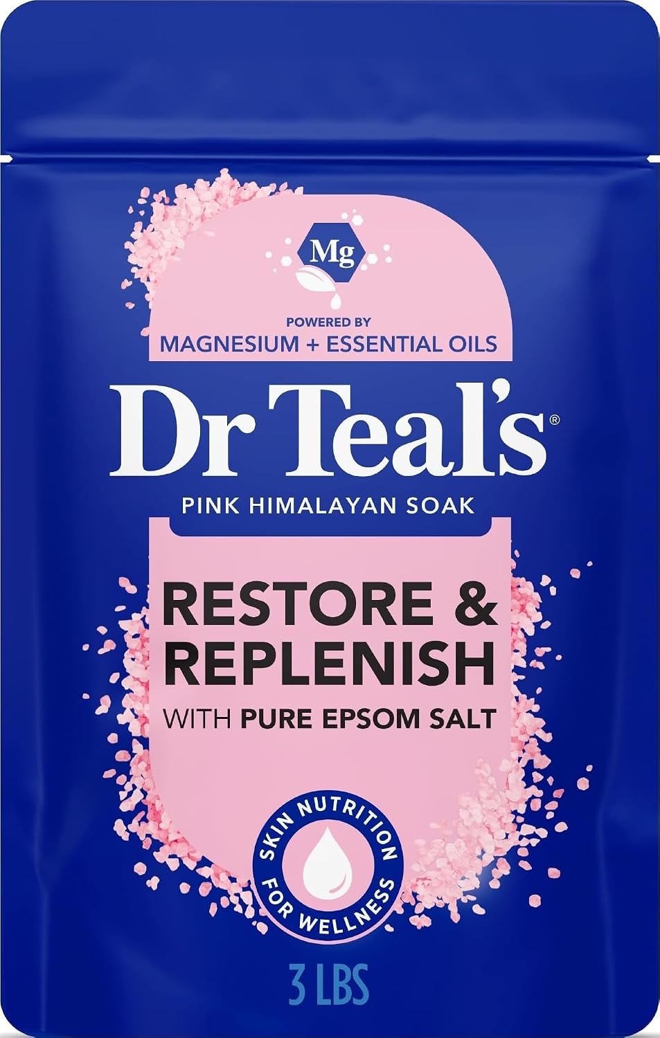 Dr Teal’s Epsom Salt Magnesium Soak, Restore & Replenish with Pink Himalayan Salt, 3 lbs