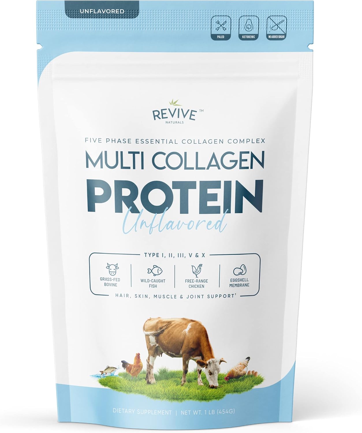Multi Collagen Hydrolyzed Protein Powder (16oz) – Types I, II, III, V & X – Grass Fed Bovine (Peptan®), Wild Caught Marine, Free Roaming Chicken & Eggshell Collagen Peptides, Non-GMO, GF.