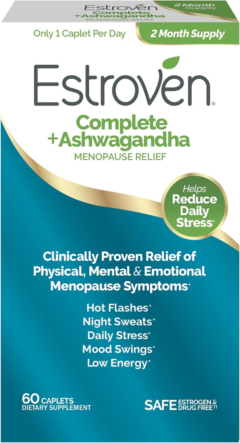 Estroven Complete + Ashwagandha Menopause Supplement for Women, 60 Count | Multi-Symptom Relief, Hot Flash & Night Sweats*, Perimenopause, Hormone-Free, Drug-Free Rhapontic Rhubarb, 1 Caplet Daily