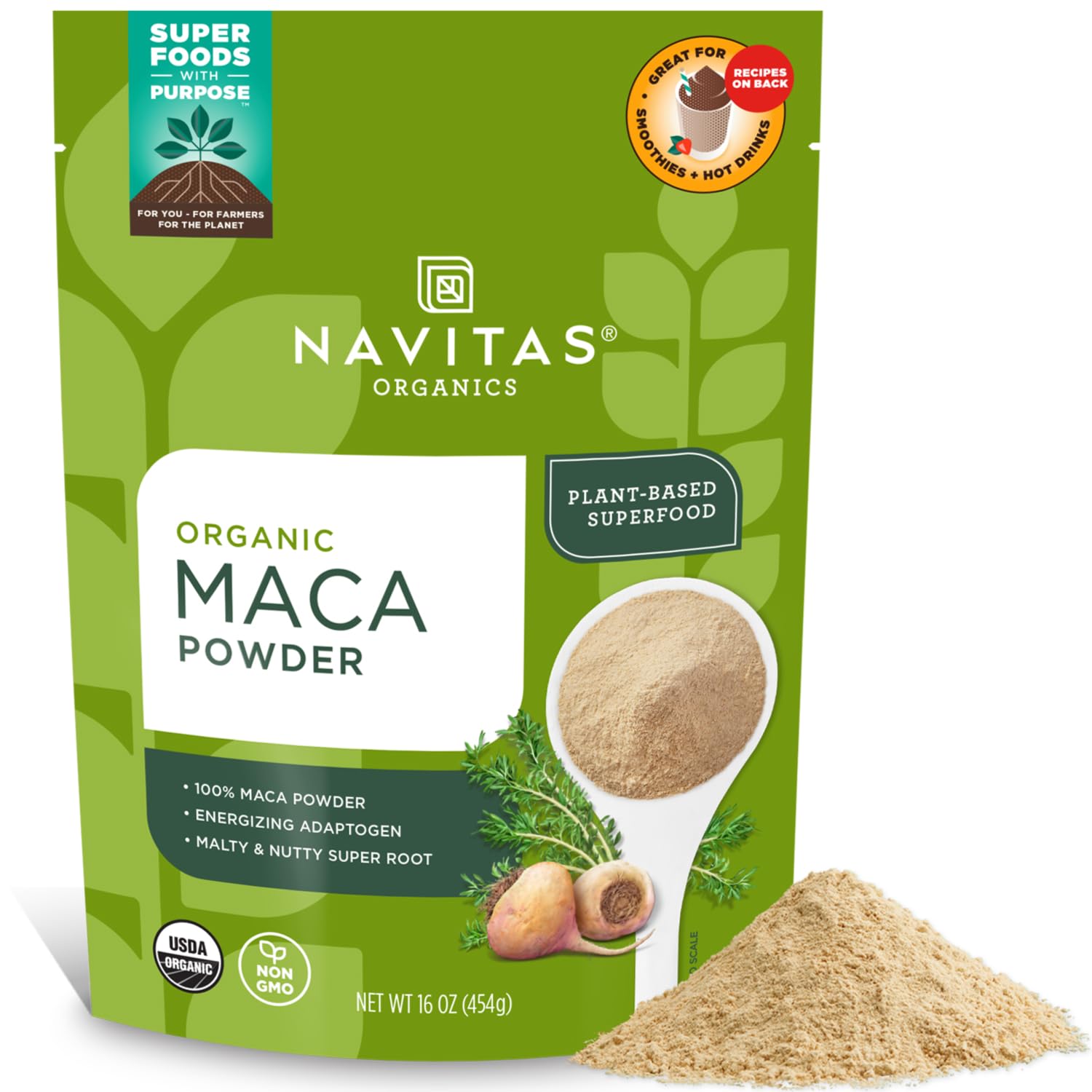 Navitas Organics Maca Powder – 100% Gelatinized Peruvian Maca for Smoothies, Lattes, Baking & More – Energize & Balance – USDA Organic, Non GMO, Vegan, Gluten Free – 16oz. Bag