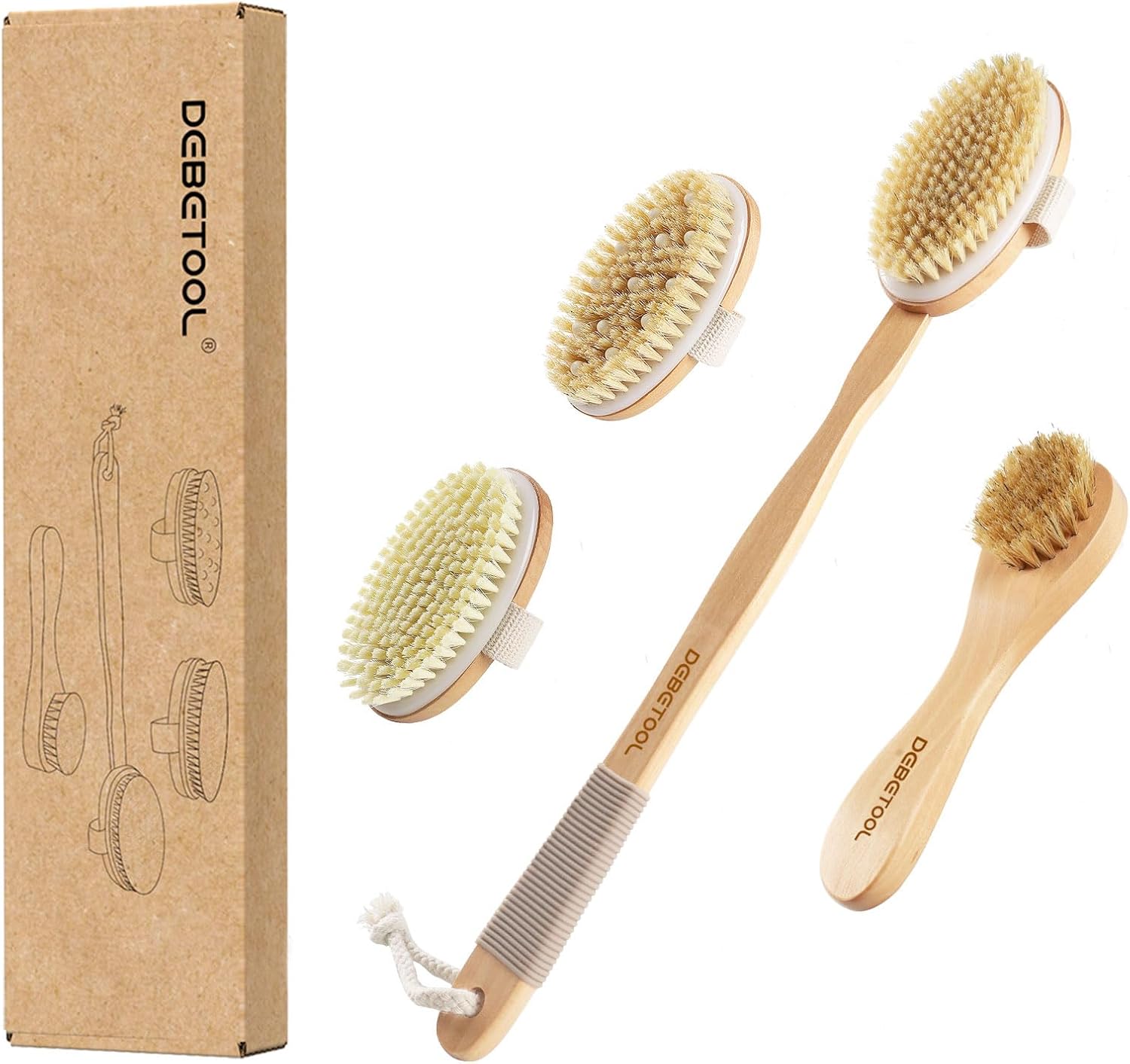 DEBETOOL Dry Brush Set with 3 Detachable Heads, Natural Boar Bristle | Body & Face Scrub Brush for Cellulite & Lymphatic Drainage, Wooden Long Handle Exfoliating Brush Tool