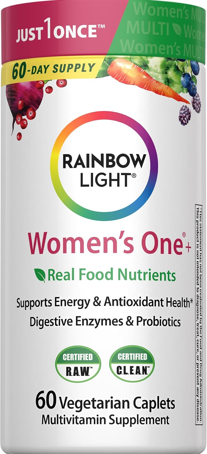 Rainbow Light Womens Multivitamin One + | 60 Caplets | Supports Energy & Antioxidant Health | Real Food Nutrients, Digestive Enzymes & Probiotics