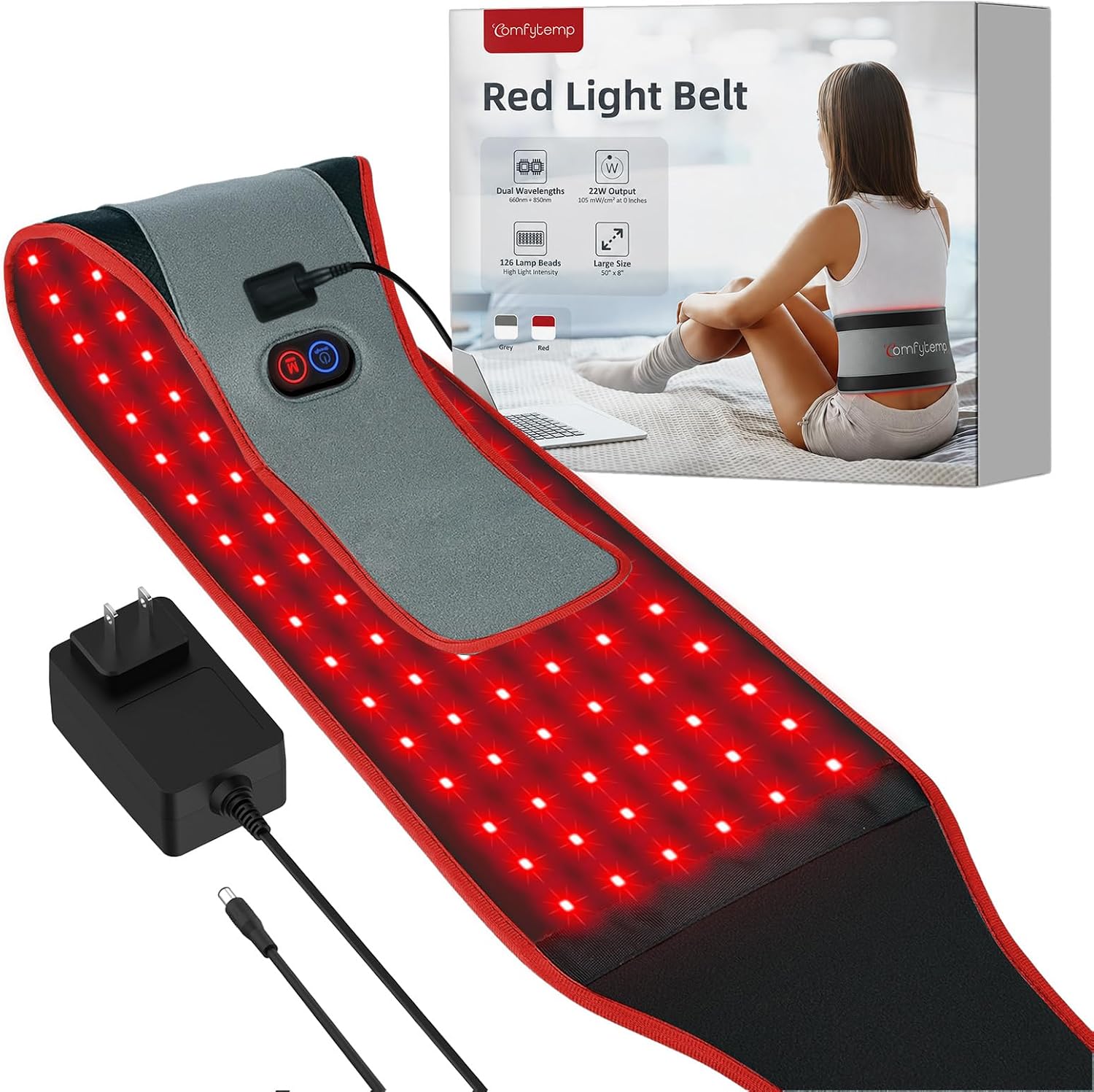 Comfytemp Red Light Belt with 126 LEDs, 660nm & 850nm, 22W(Corded, Red) | Wearable Near Infrared Light Wrap with Timer, Home Office Use, Wasit Belly Birthday Gifts for Women Men Mom Dad