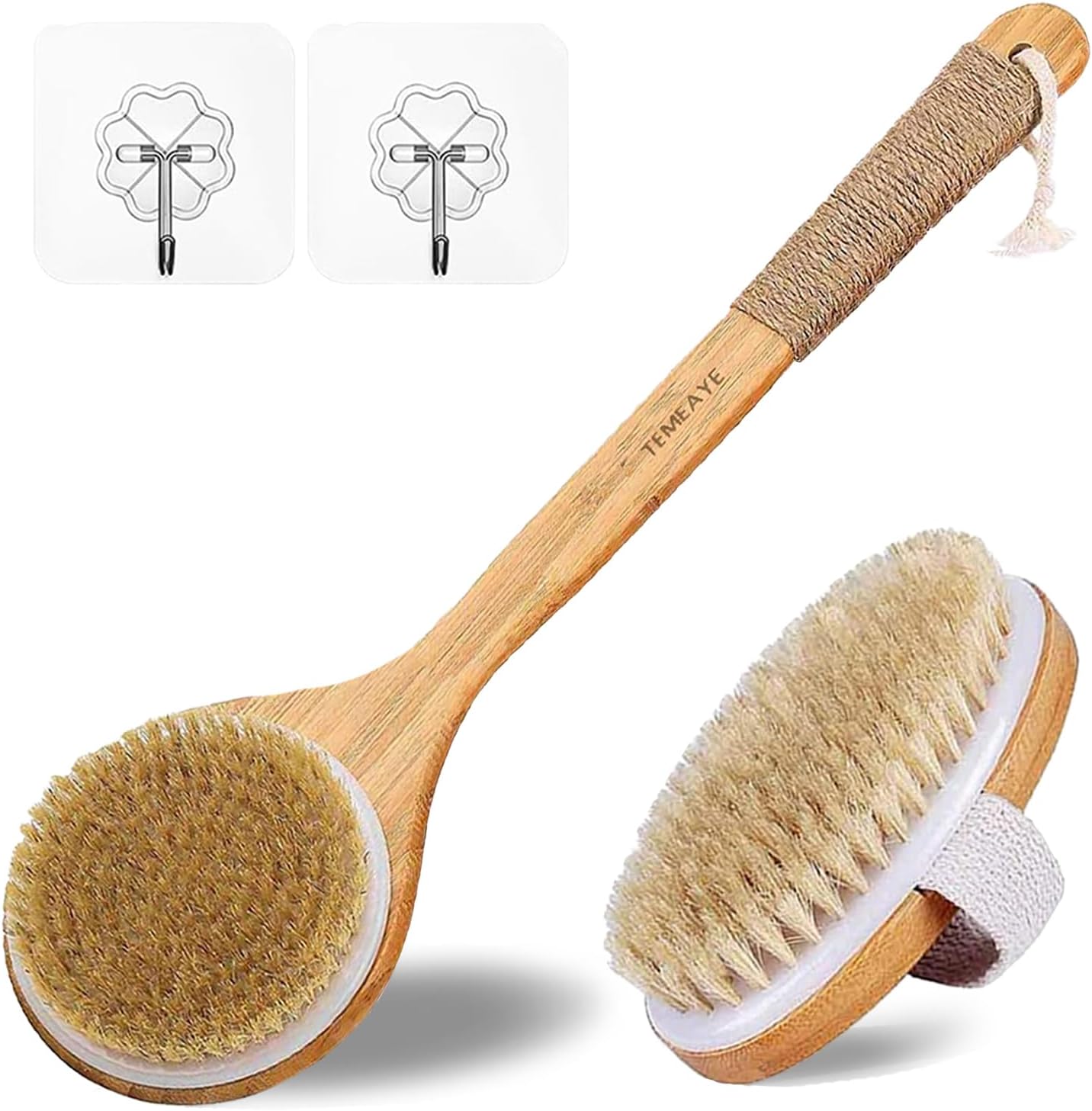 TEMEAYE Dry Brushing Body Brush Natural Boar Bristle & Wood Handle 2Pcs-Set
