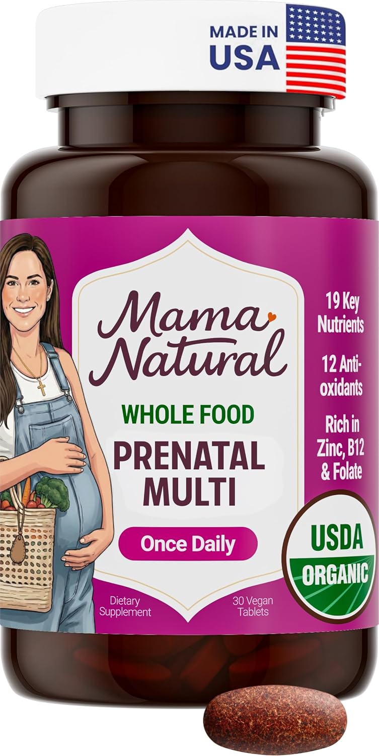 Mama Natural Organic Prenatal Vitamins for Women Vegan (30 Servings) | One A Day Prenatal Vitamins for Pregnant Women | Food Based, Non-GMO & Gluten-Free – Pre Natal Multivitamin with Folate