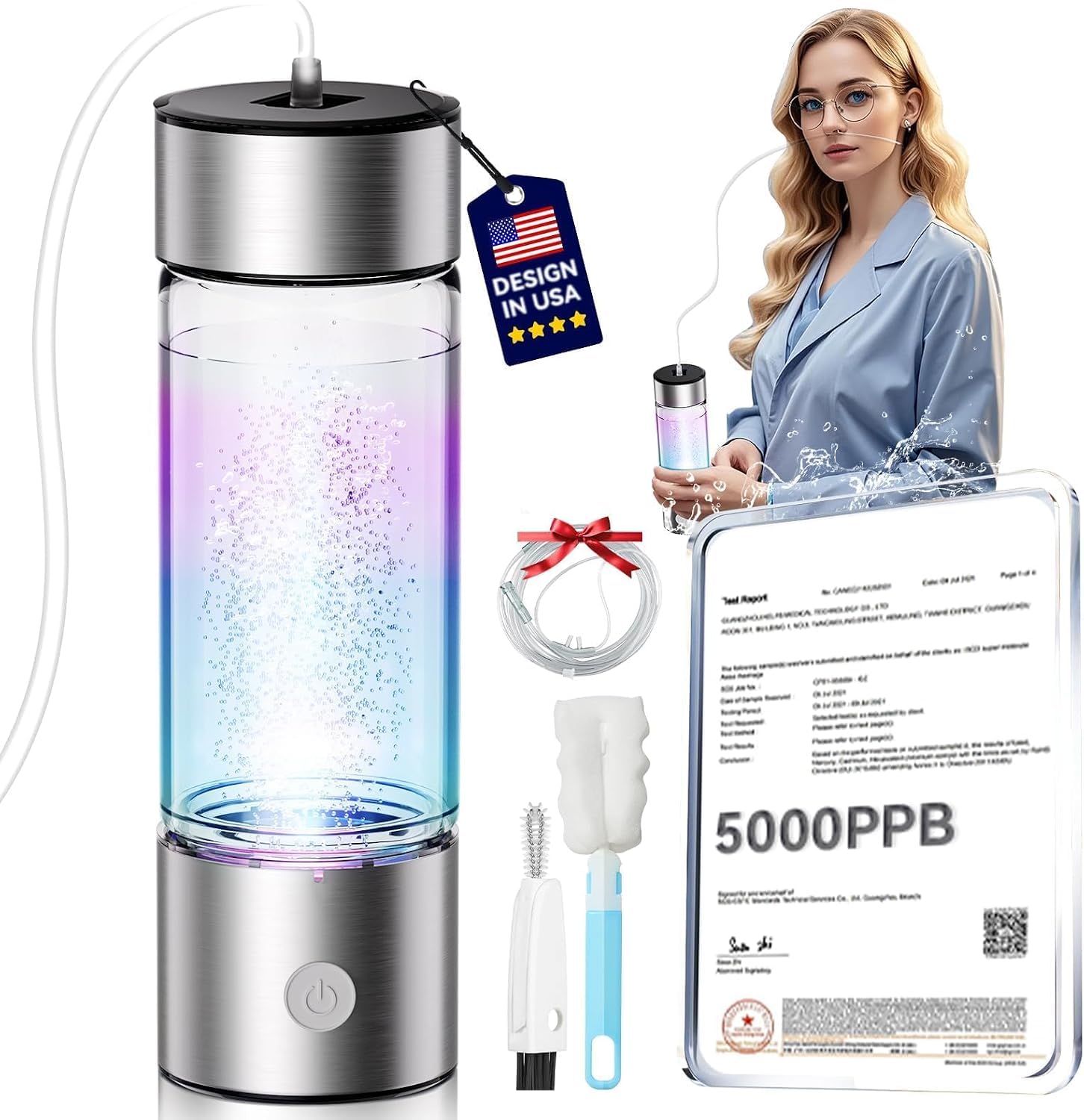 5.0 Upgrade Hydrogen Water Bottle【NO.1-24-Hour Hydrogen Lock】 hydrohealth Hydrogen Water【0 Chlorine, 0 Ozone-SPE PEM Technique】 Professional Leak Prevention, Double Hydrogen Content – Silver