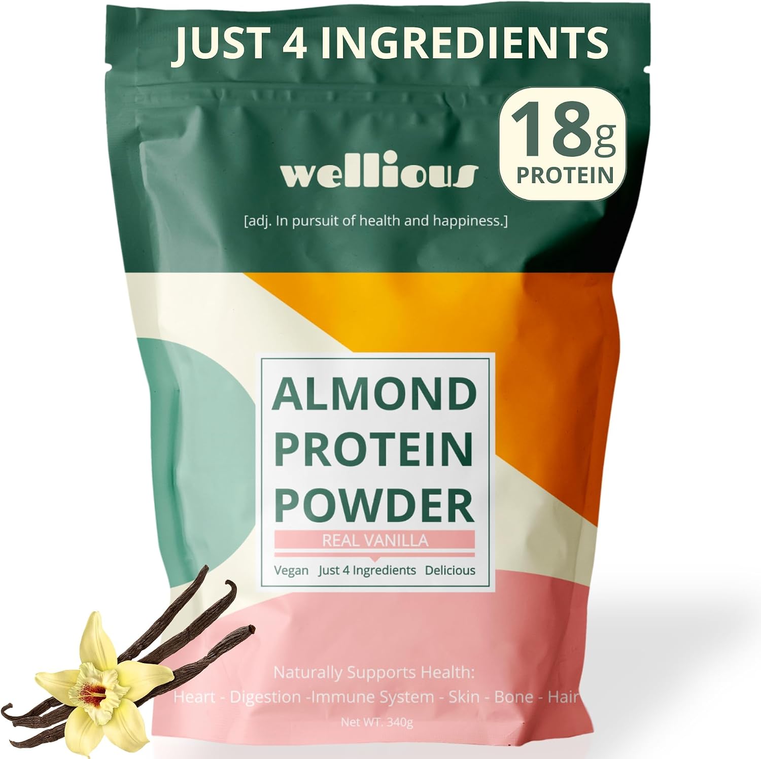 wellious Almond Vegan Protein Powder, Vanilla, 18g Protein, Soy-Free