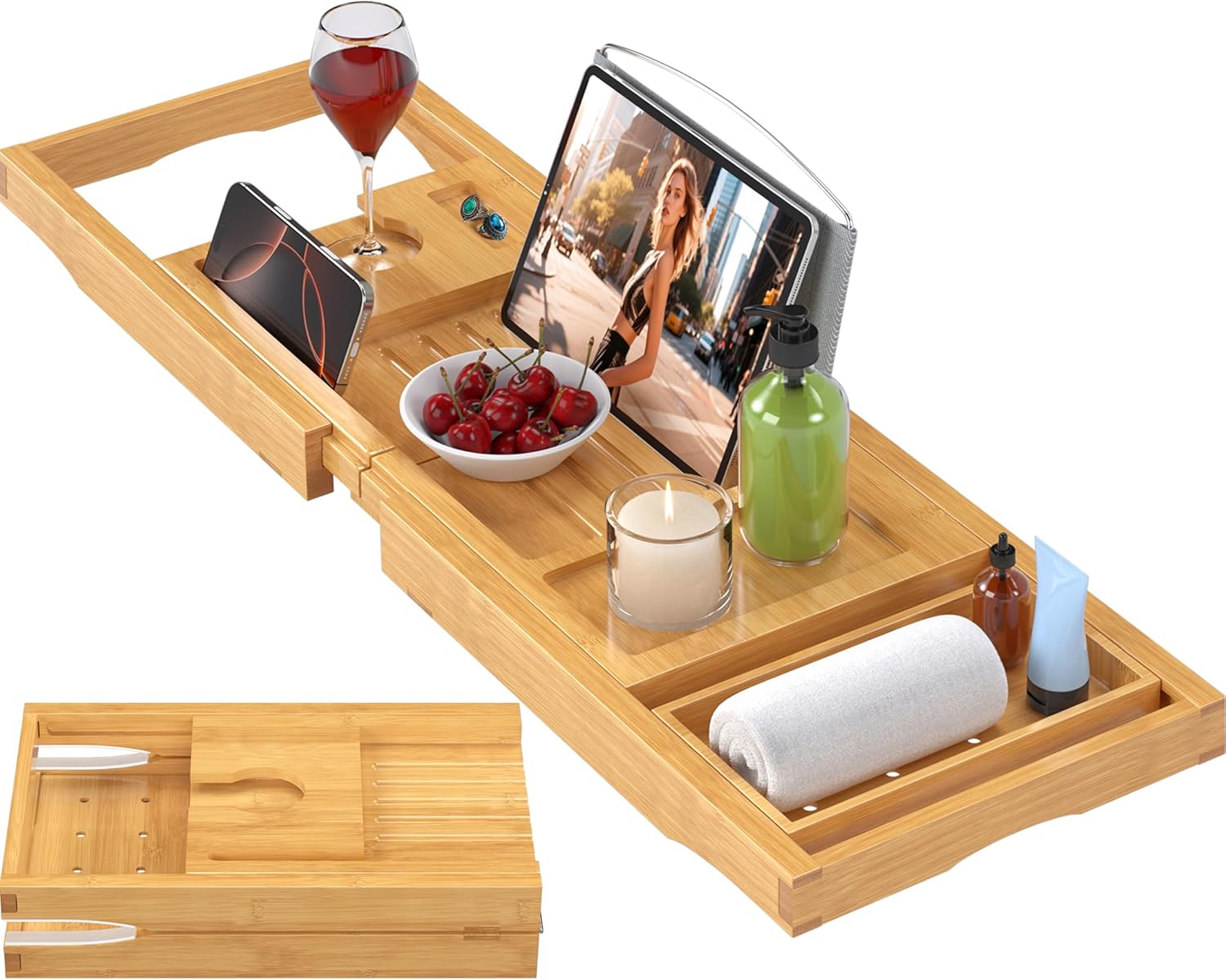 Bamboo Bathtub Tray Caddy, Foldable Bath Tray for Tub