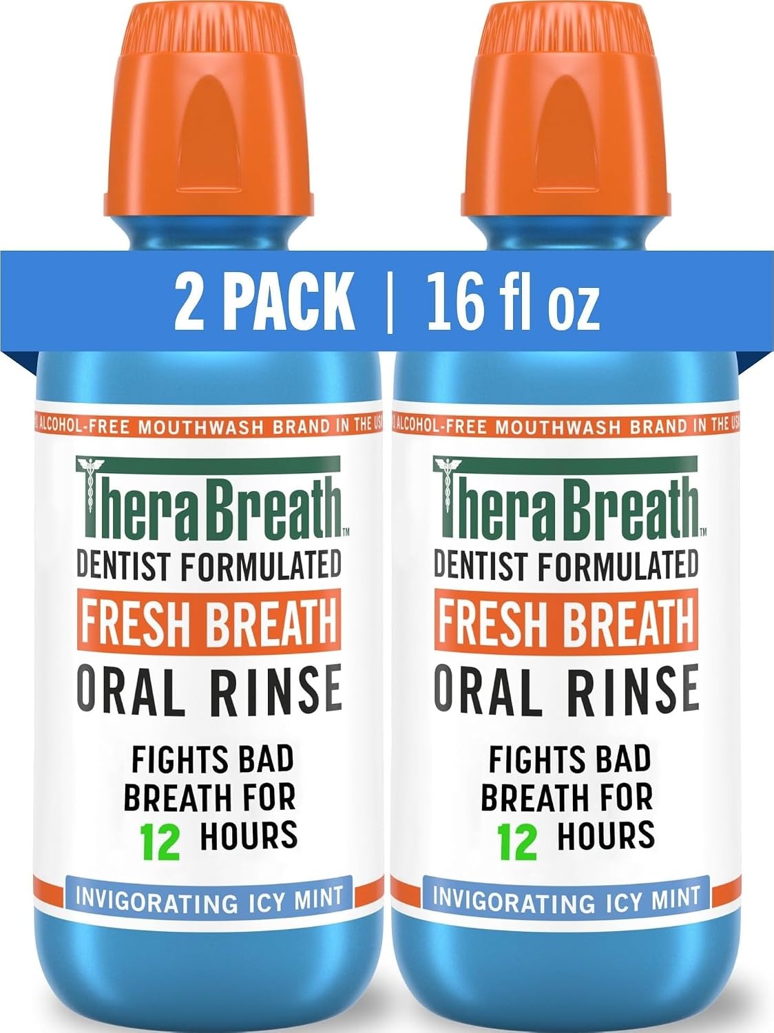 TheraBreath Fresh Breath Mouthwash, Icy Mint Flavor, Alcohol-Free, 16 Fl Oz (Pack of 2)