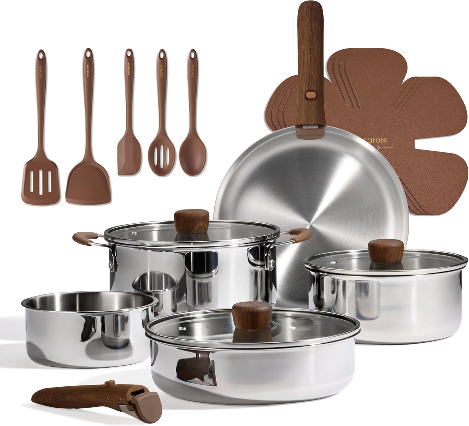 CAROTE 19pcs Tri-Ply Stainless Steel Cookware Set with Detachable Handle