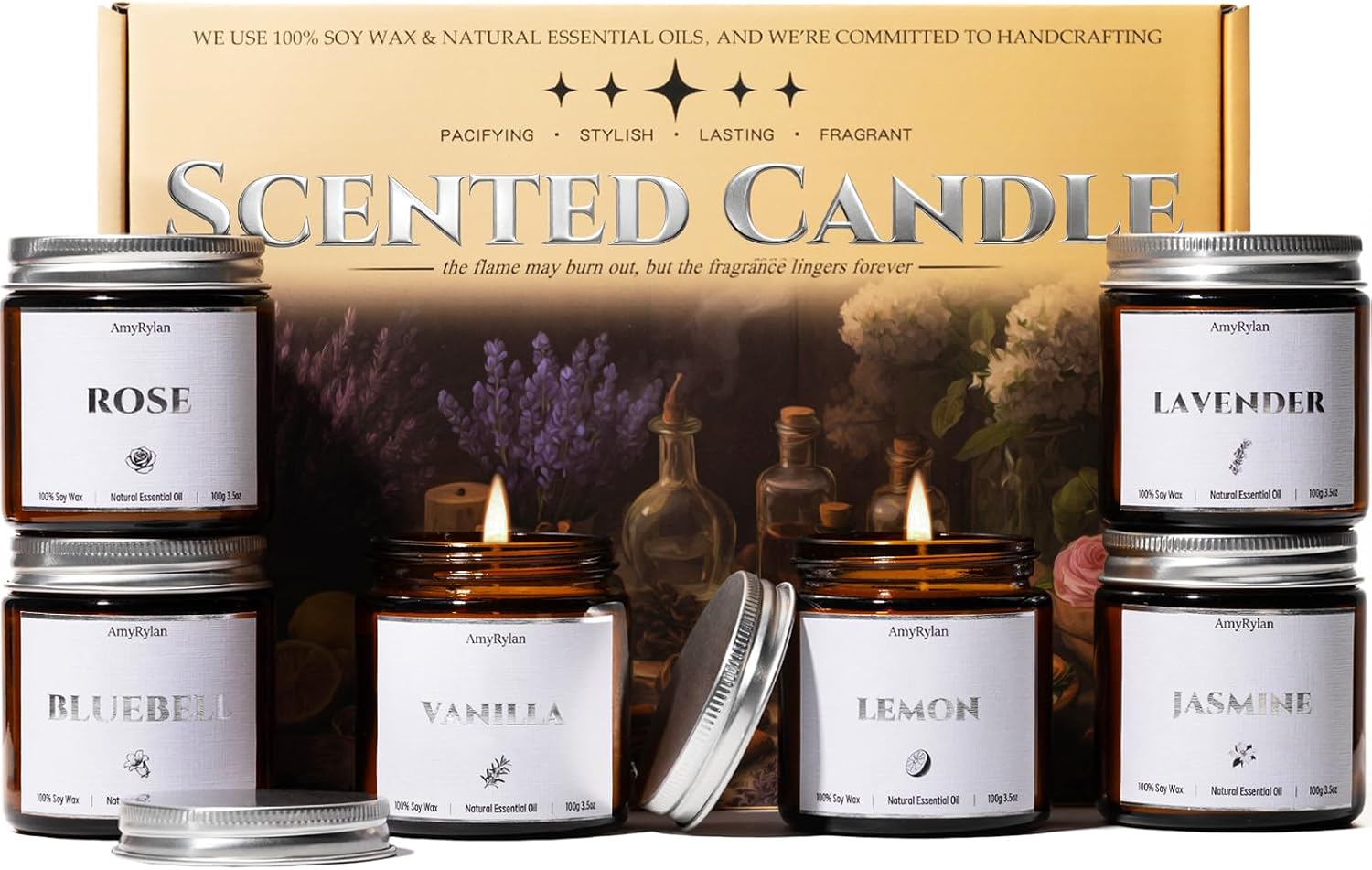6 Pack Non-Toxic Soy Wax Scented Candles Gift Set, 21oz 120H Long Burn Time, Amber Jar Candles, Gift for Women Unique, Christmas Birthday Self Care Relaxation Spa Aromatherapy Gifts