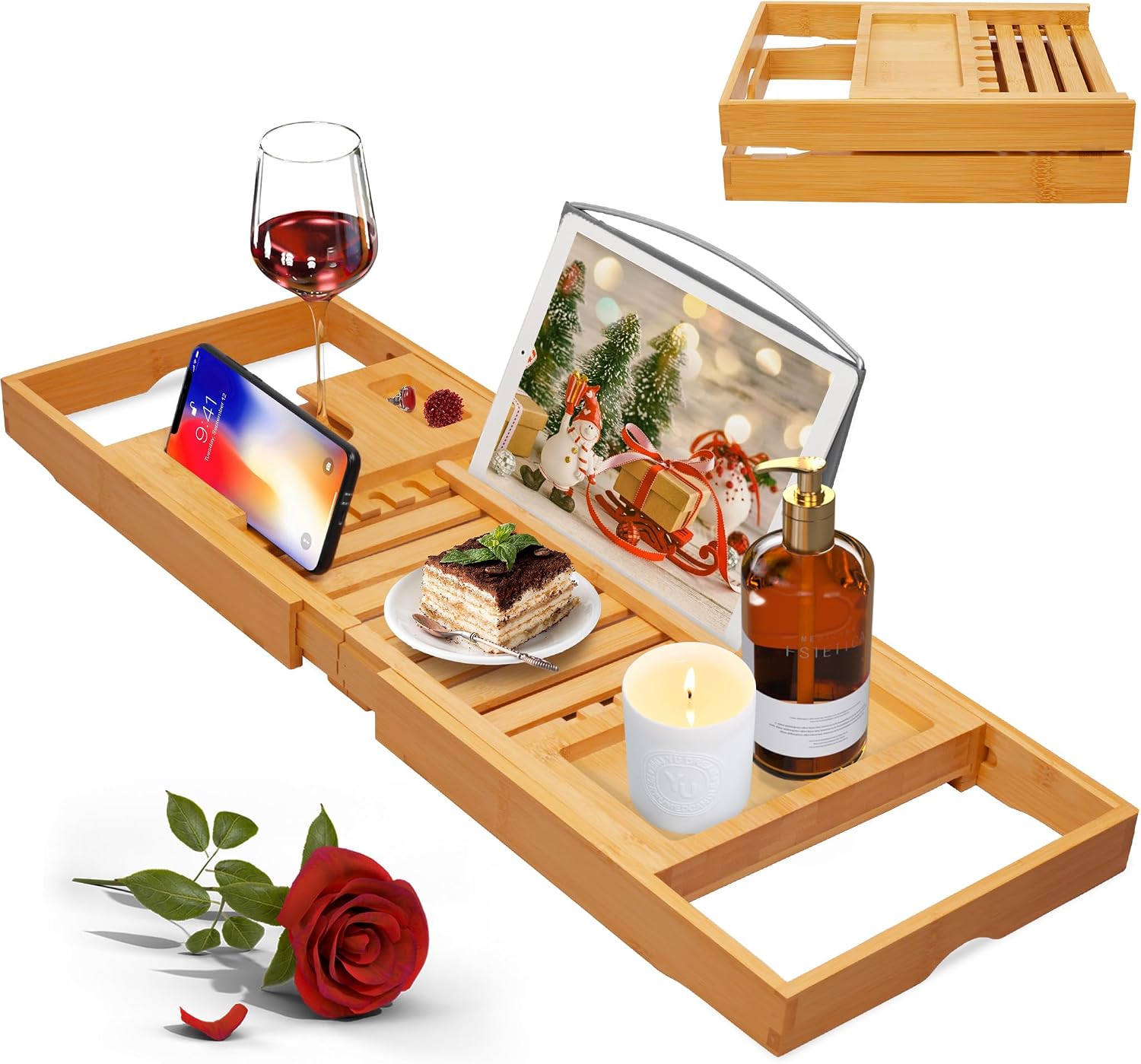 Bathtub Tray Caddy, Expandable Bamboo Bath Tray for Tub