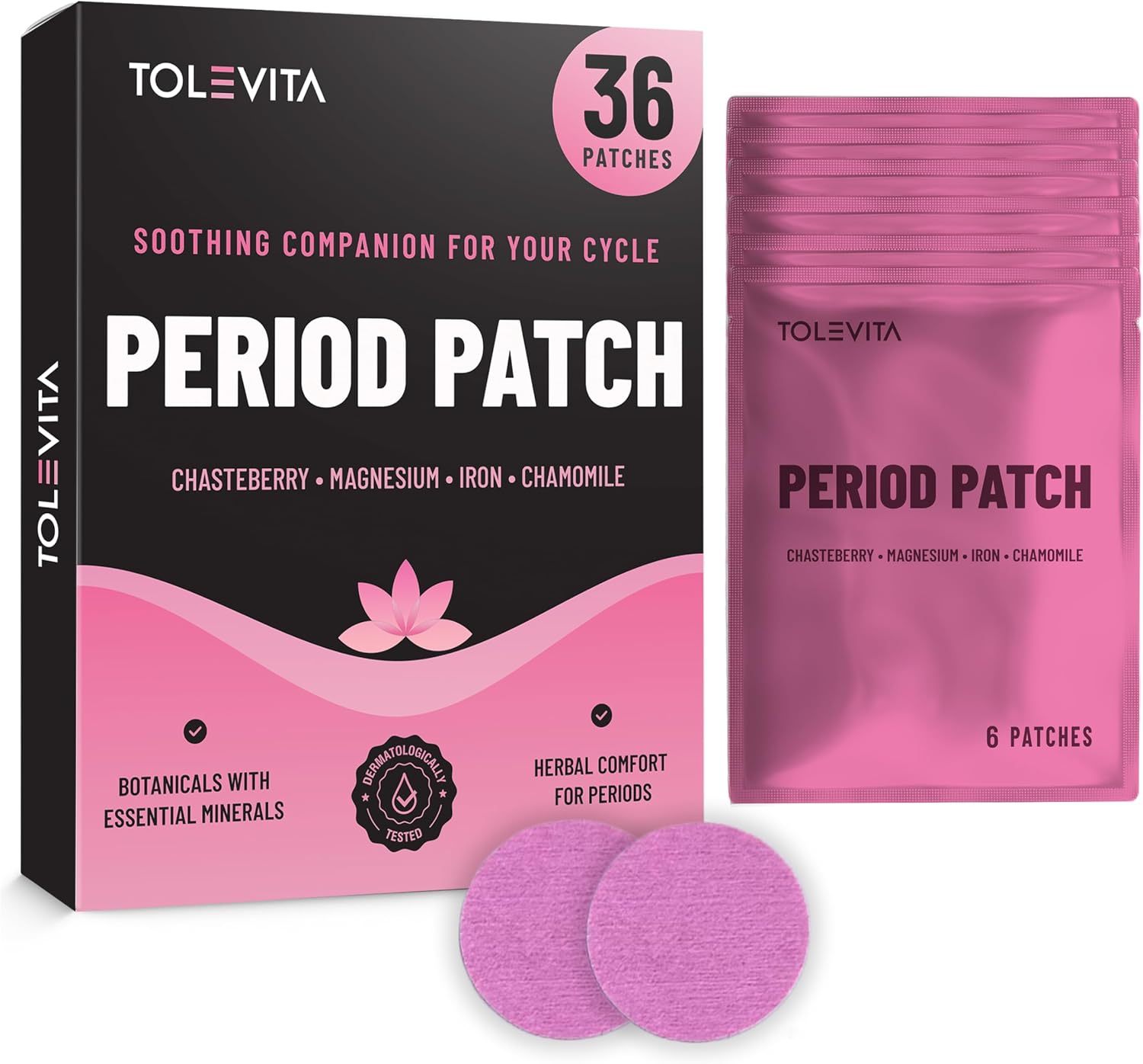 TOLEVITA Period Relief Patches 36 Pcs – Herbal Cramp Support with Chasteberry, Magnesium, Evening Primrose, Dong Quai, Curcumin, Vitamins B6 & E, Iron, Chamomile – Hormonal Balance & Menstrual Comfort