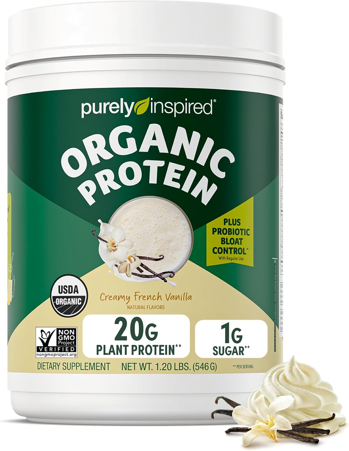 Purely Inspired Plant-Based Protein Powder for Men & Women, Creamy French Vanilla (16 Servings) – Vegan & Organic – 20g of Pea Protein Powder for Smoothies & Shakes – Dairy-Free, & Gluten-Free | 20g of Pea Protein Powder for Smoothies & Shakes – Vegan & Organic – Dairy-Free & Gluten-Free – For Men & Women (16 Servings)