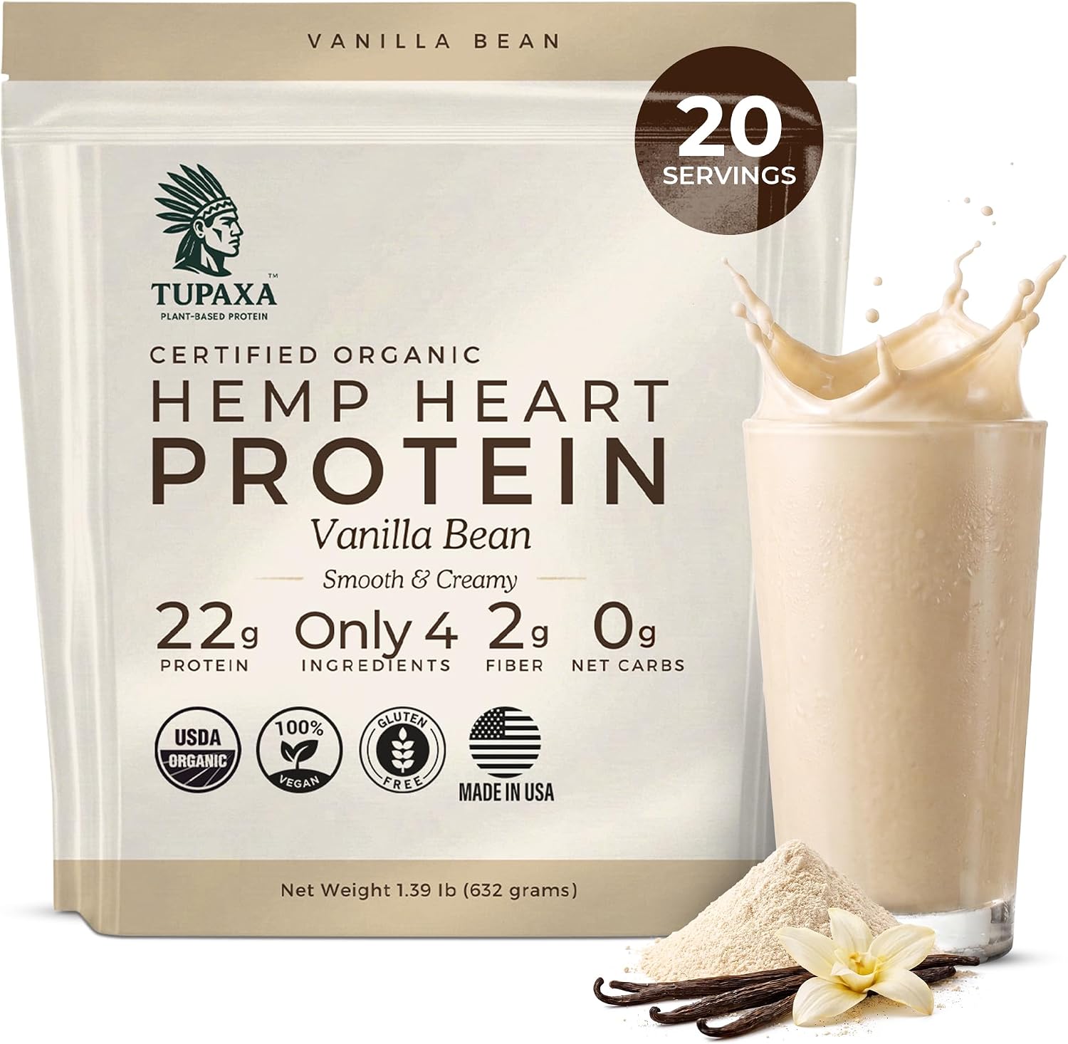 USDA Organic Hemp Protein Powder for Women & Men – Vanilla Bean Pure Natural – Plant Based Powder, Vegan, Gluten Free, Keto – Hemp Seed Powder Cold-Pressed