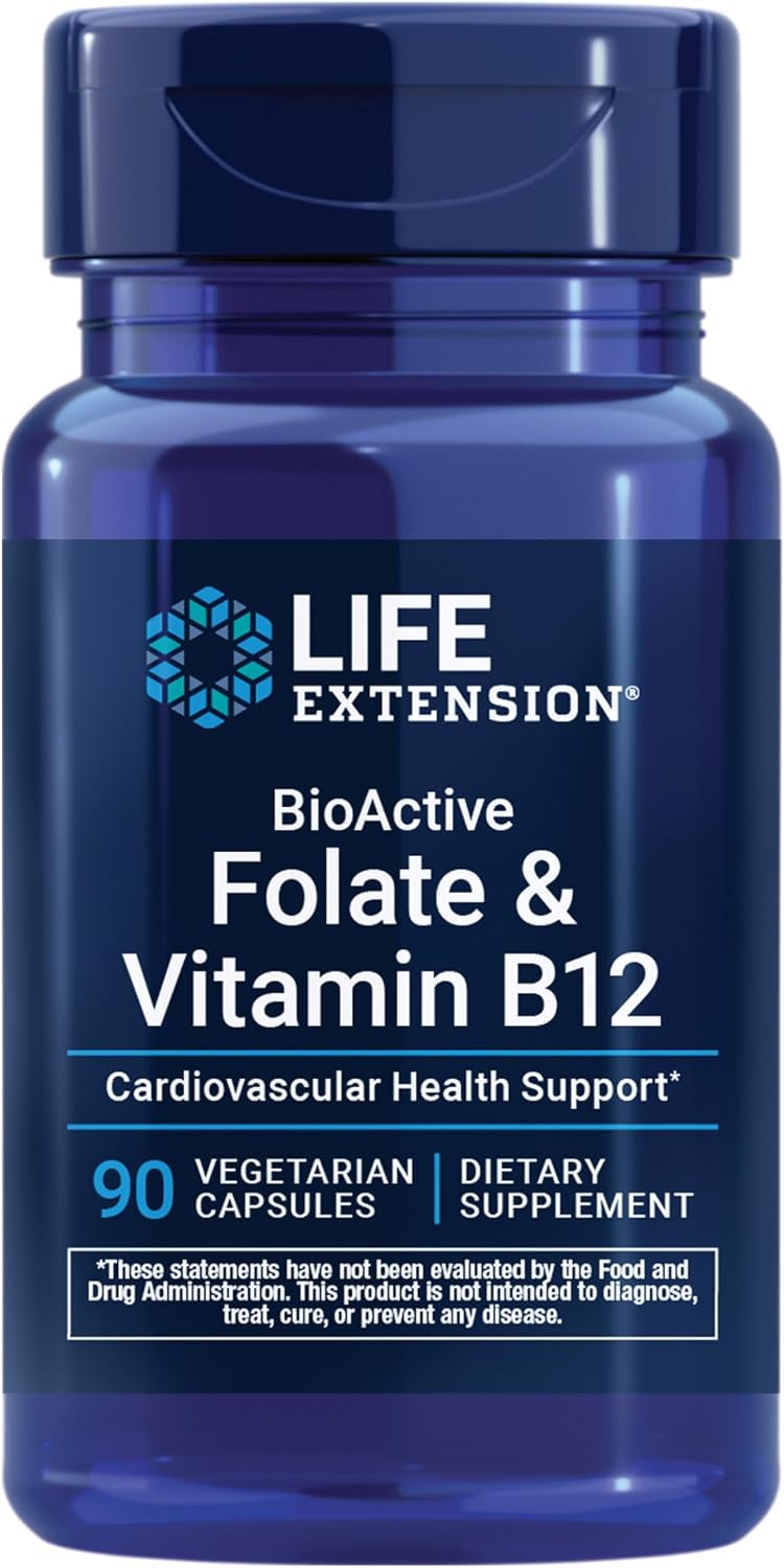 Life Extension BioActive Folate & Vitamin B12, Promotes Heart, Brain & GI Tract Health, Non-GMO, Gluten-Free, Vegetarian, 90 Capsules